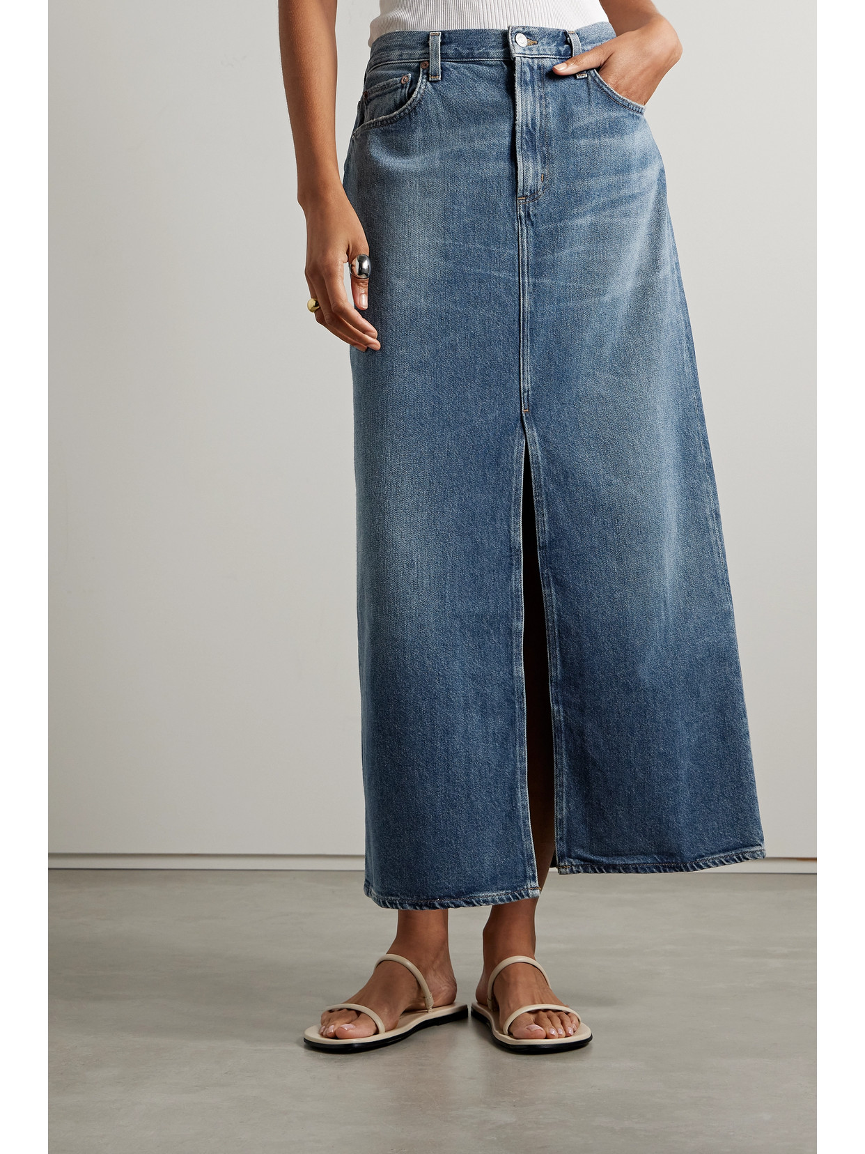 Shop Agolde Leif Denim Midi Skirt In Blue