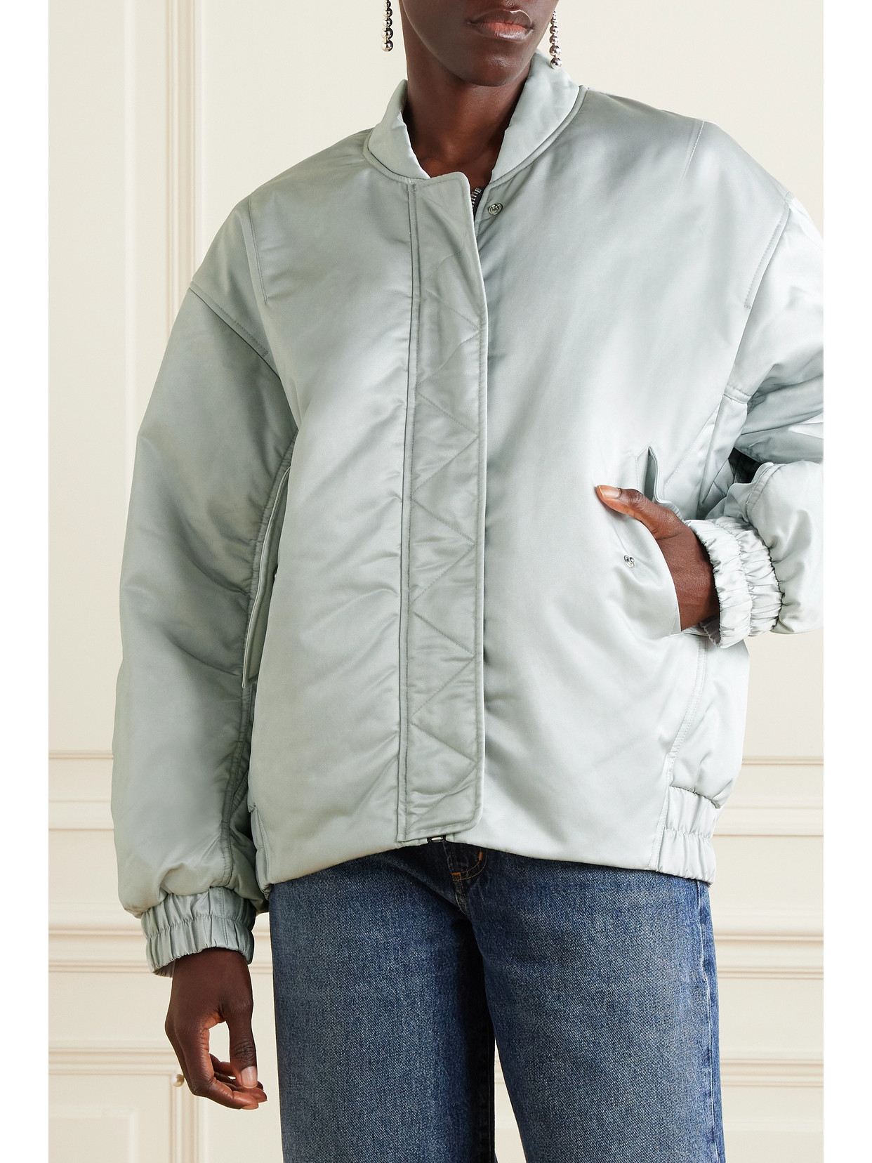 Agolde + Shoreditch Ski Club Nisa Oversized Metallic Recycled-shell Bomber Jacket In Silver