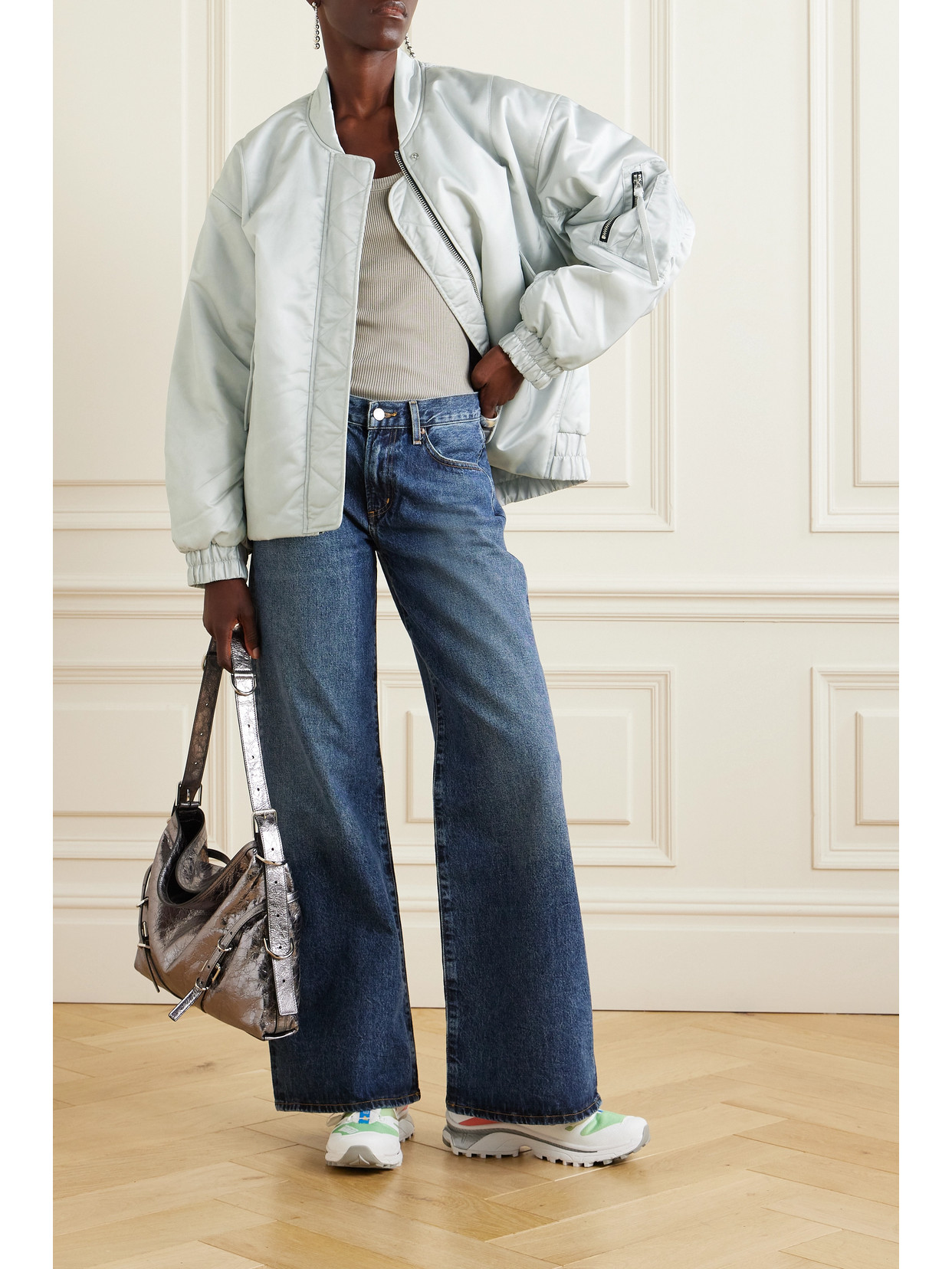 Agolde + Shoreditch Ski Club Nisa Oversized Metallic Recycled-shell Bomber Jacket In Silver