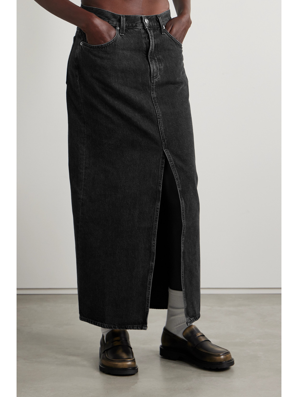 Shop Agolde + Net Sustain Leif Organic Denim Maxi Skirt In Black