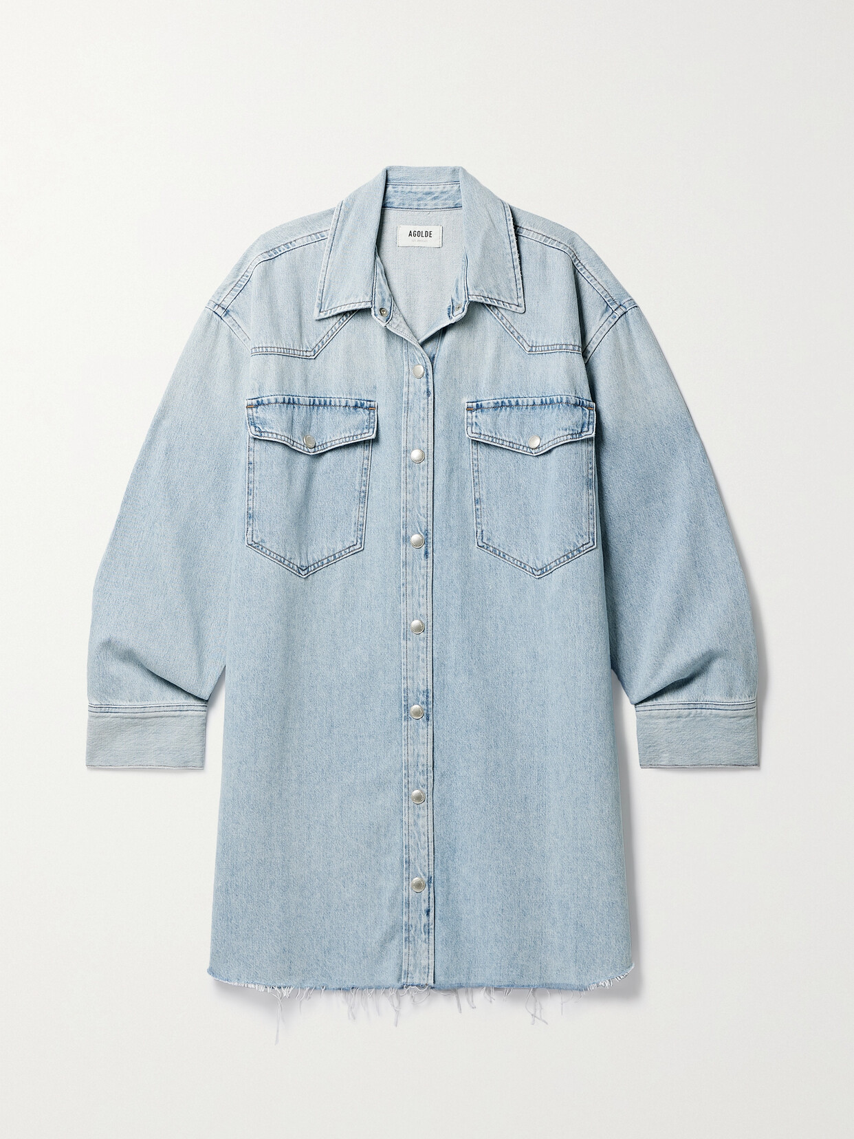 AGOLDE - + Net Sustain Jessa Frayed Organic Denim Mini Shirt Dress - Blue