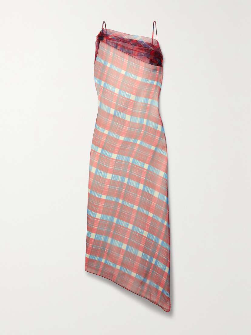Ferragamo Gathered Checked Organza Midi Dress
