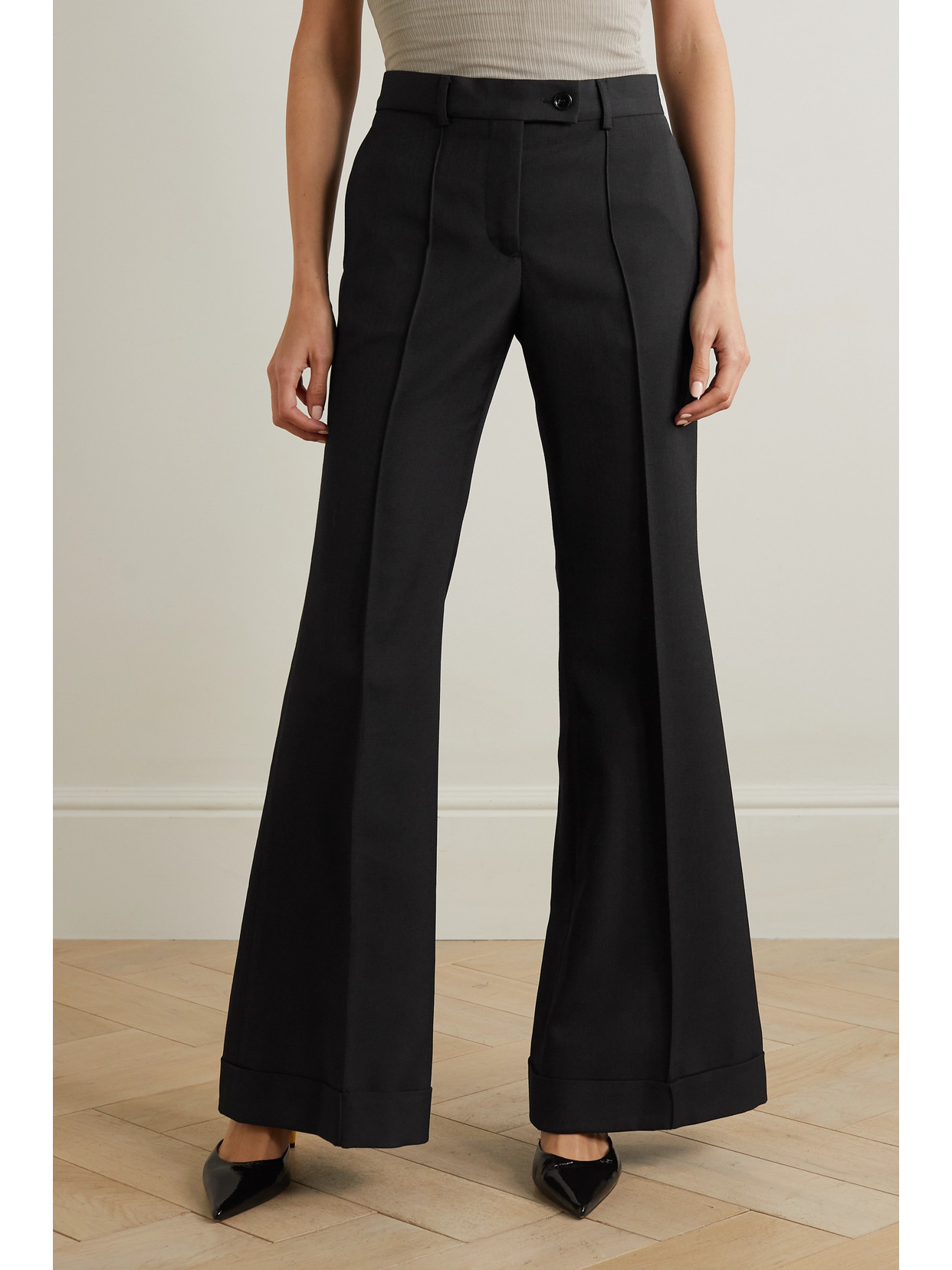 Shop Acne Studios + Net Sustain Pintucked Recycled Grain De Poudre Flared Pants In Black