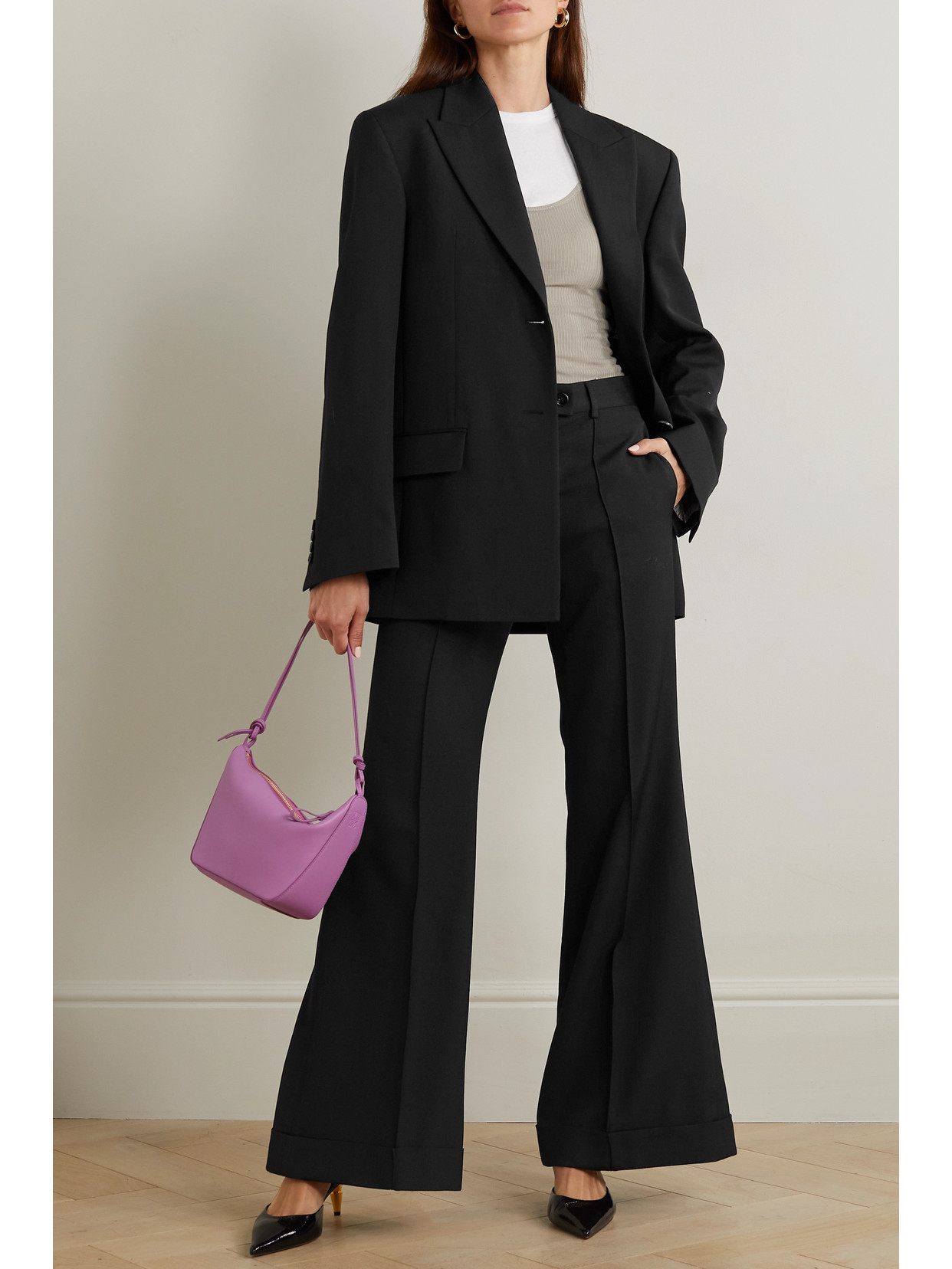 Shop Acne Studios + Net Sustain Pintucked Recycled Grain De Poudre Flared Pants In Black