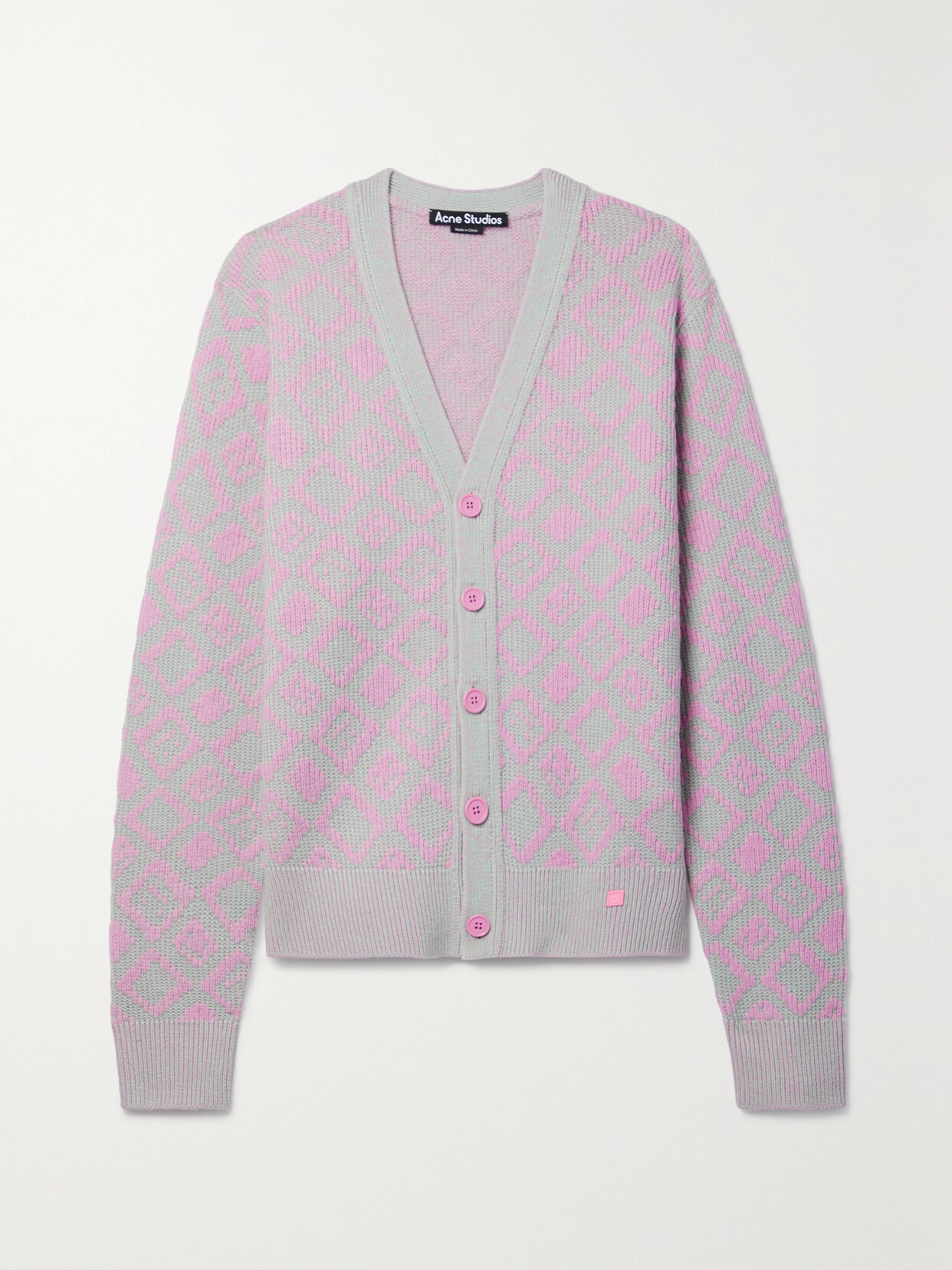 Acne Studios Jacquard-knit Wool And Cotton-blend Cardigan In Bubble Pink/spring Green