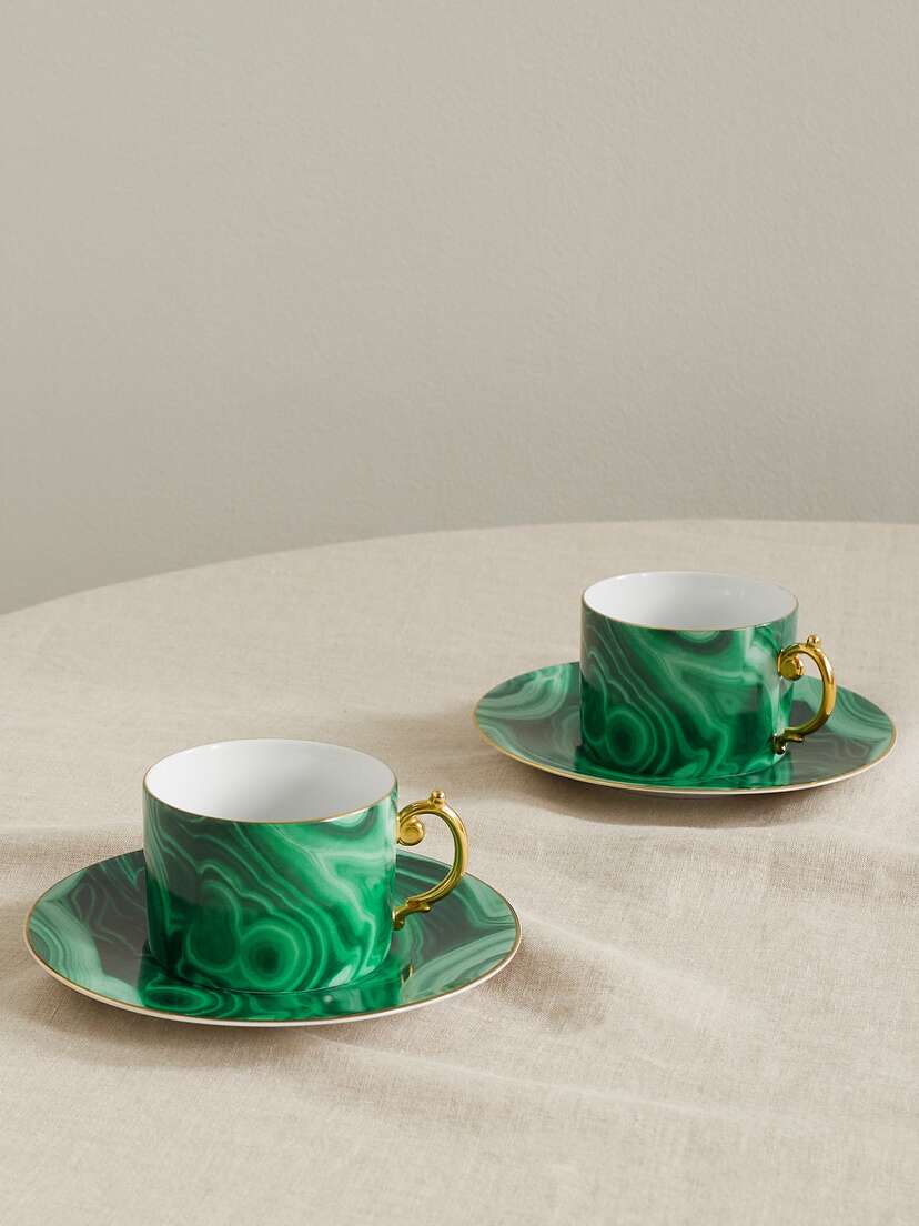 L'Objet Malachite Set Of Two Porcelain Cups And Saucers