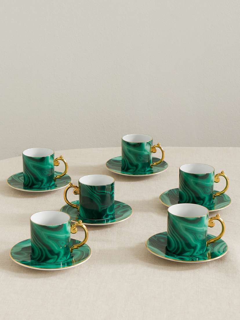 L'Objet Malachite Set Of Six Porcelain Espresso Cups And Saucers