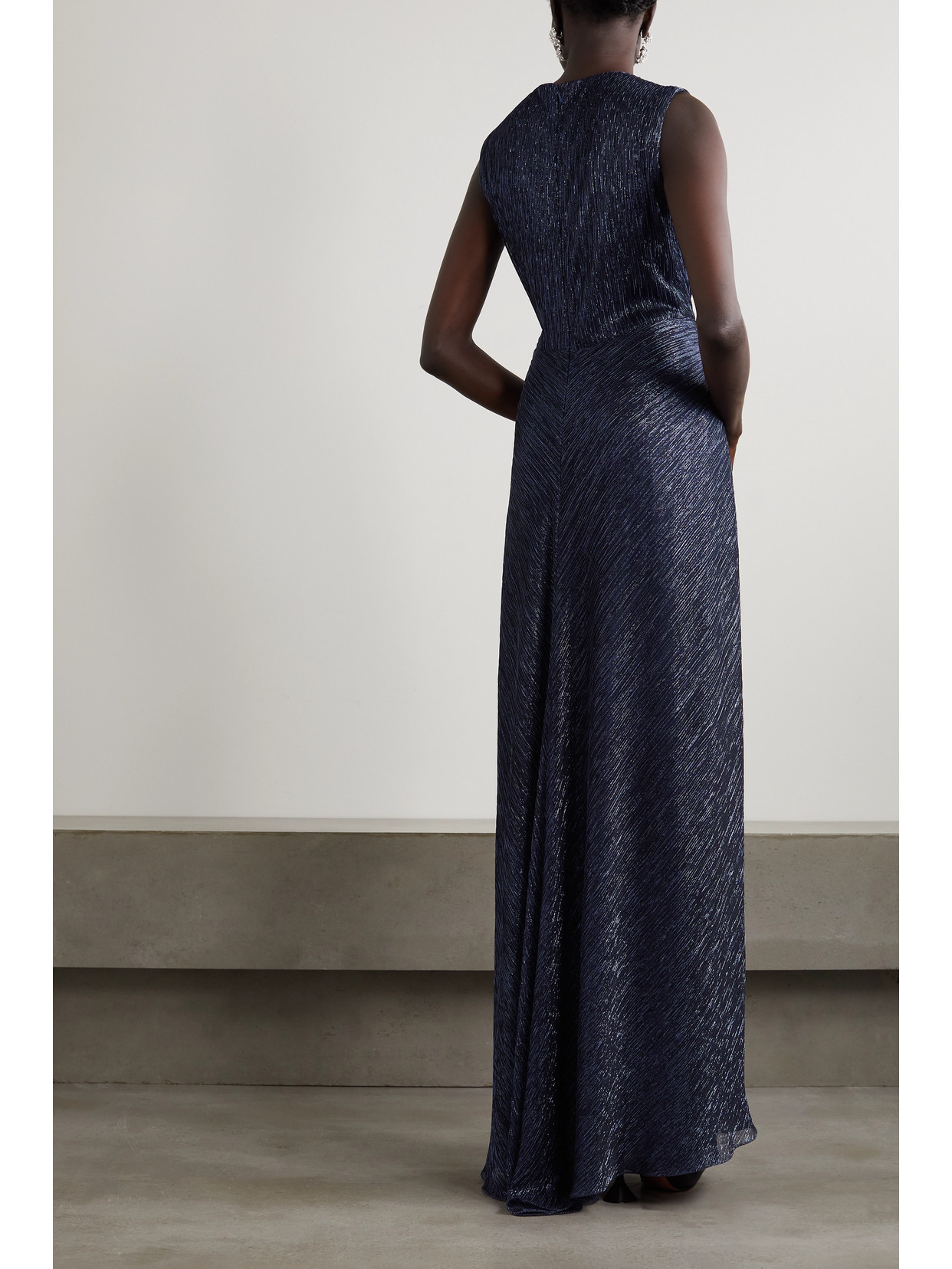 Costarellos Mireille Twist-front Metallic Plissé-jersey Gown In Purple