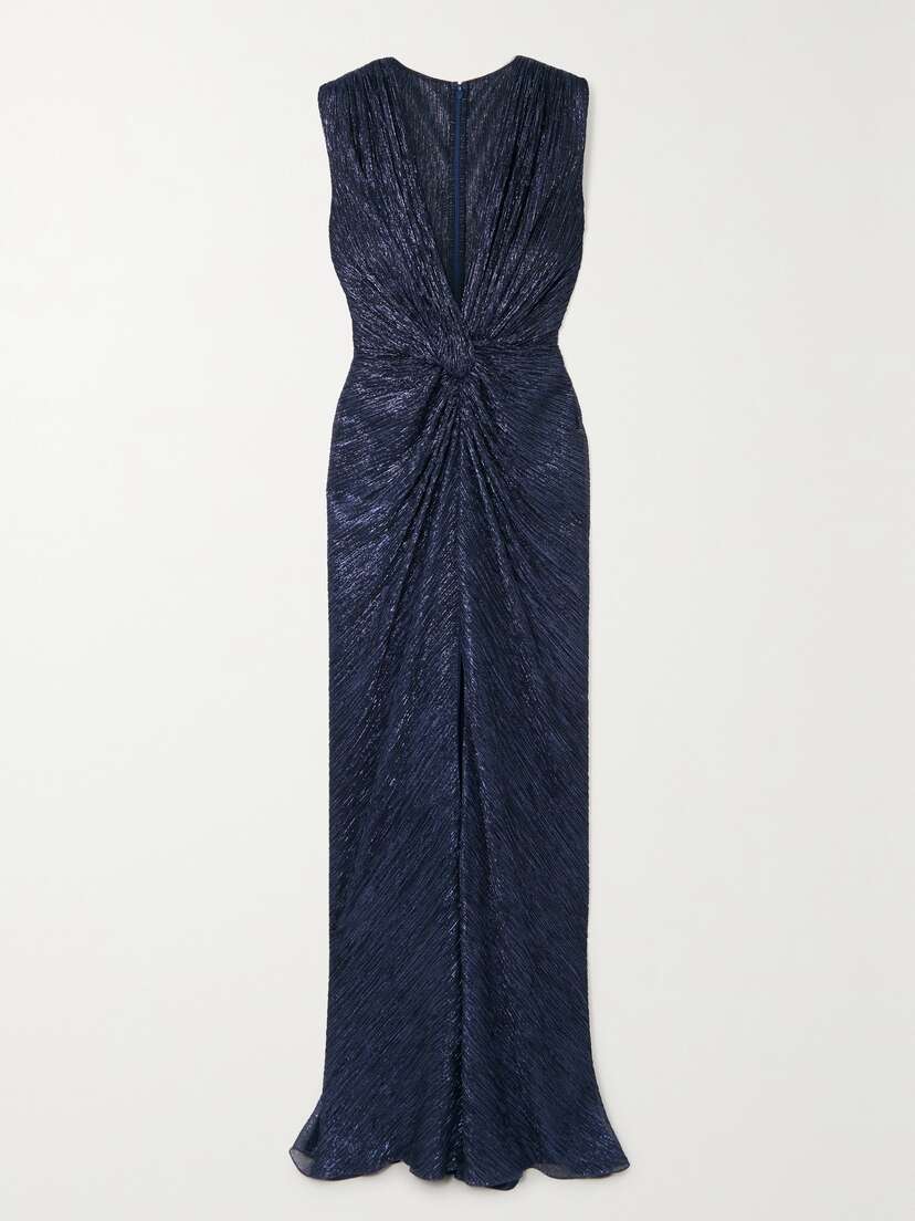 Costarellos Mireille Twist-front Metallic Plissé-jersey Gown