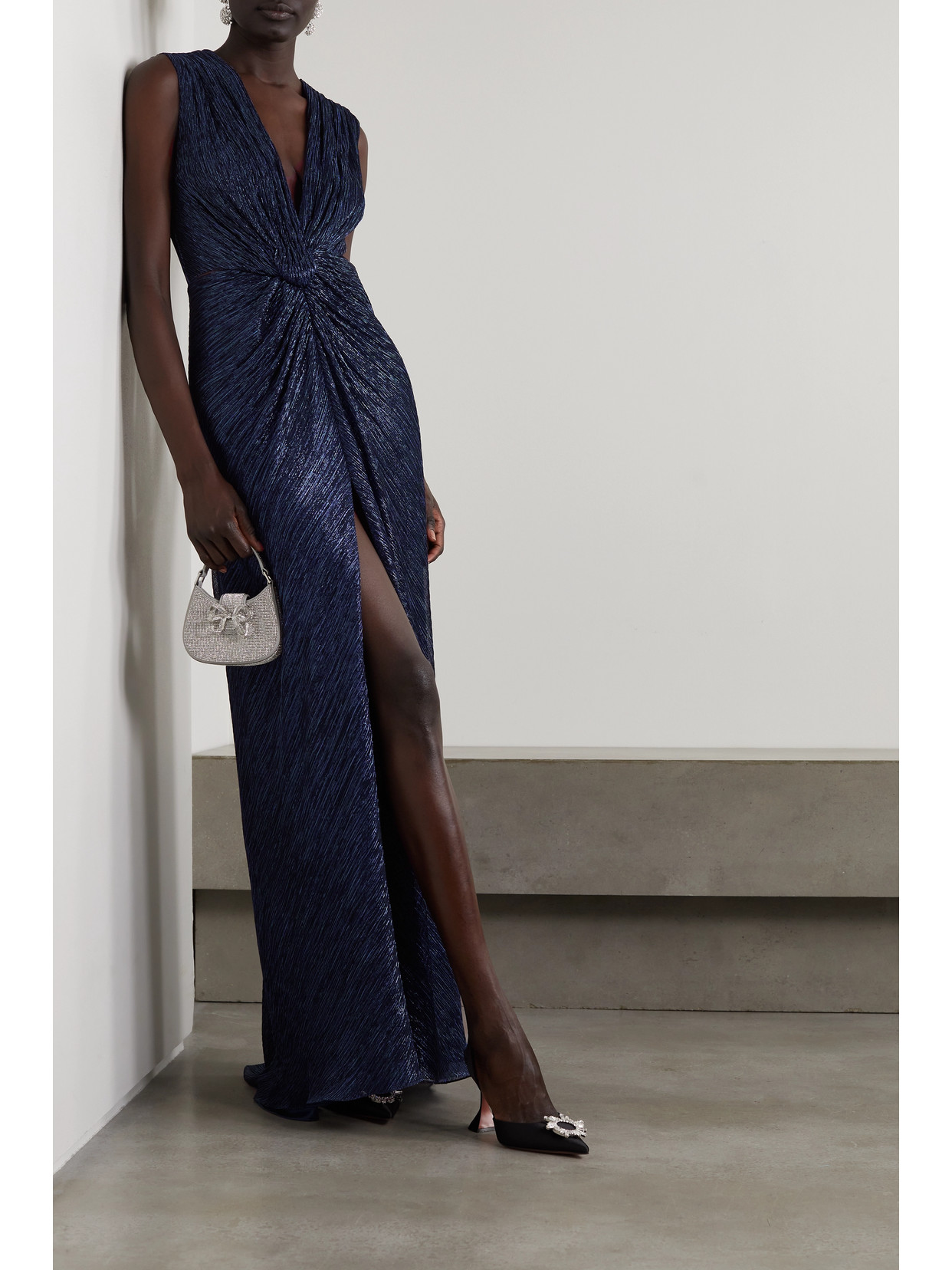 Costarellos Mireille Twist-front Metallic Plissé-jersey Gown In Purple
