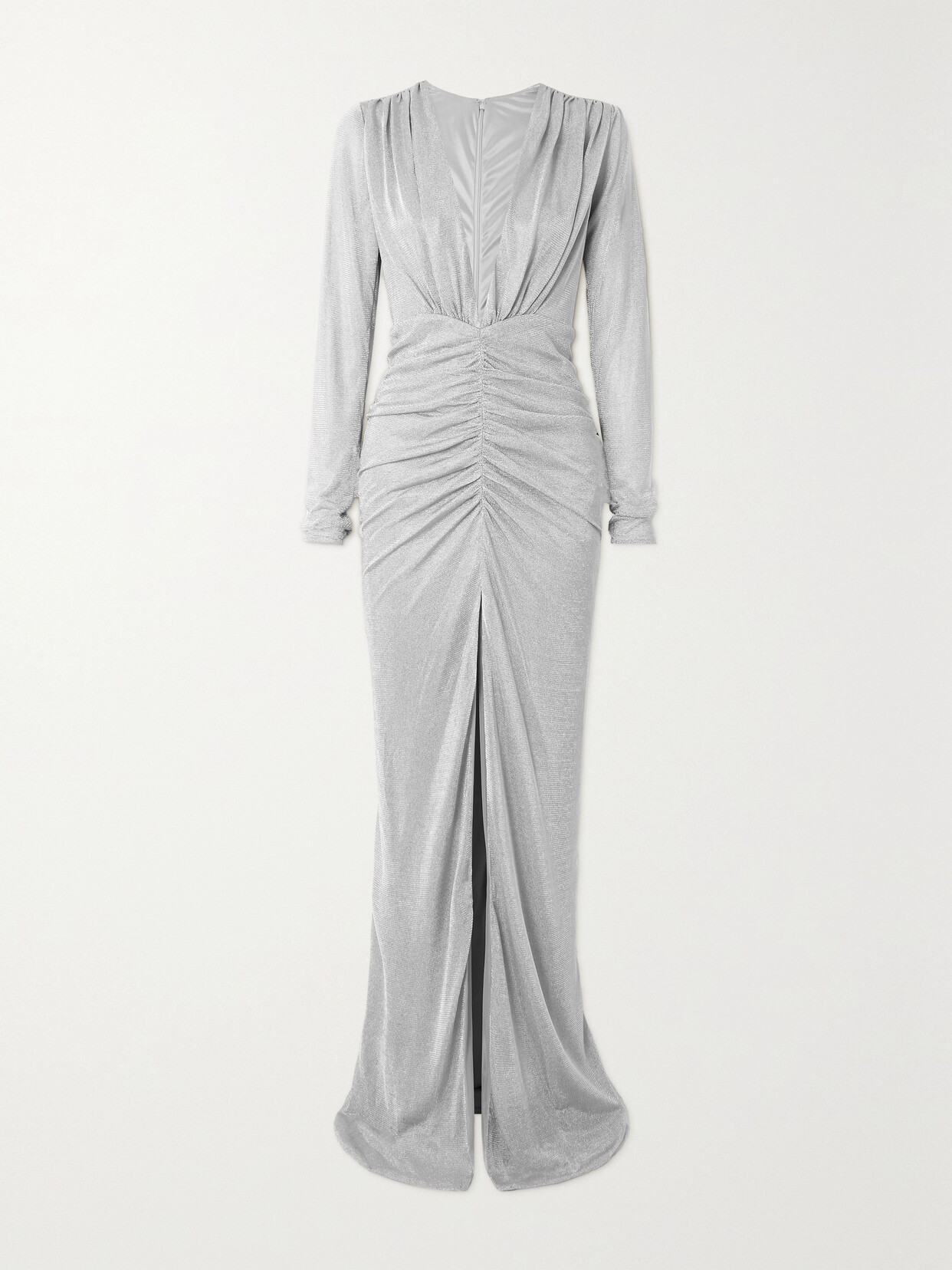 Costarellos - Tatjana Ruched Metallic Knitted Maxi Dress - Silver