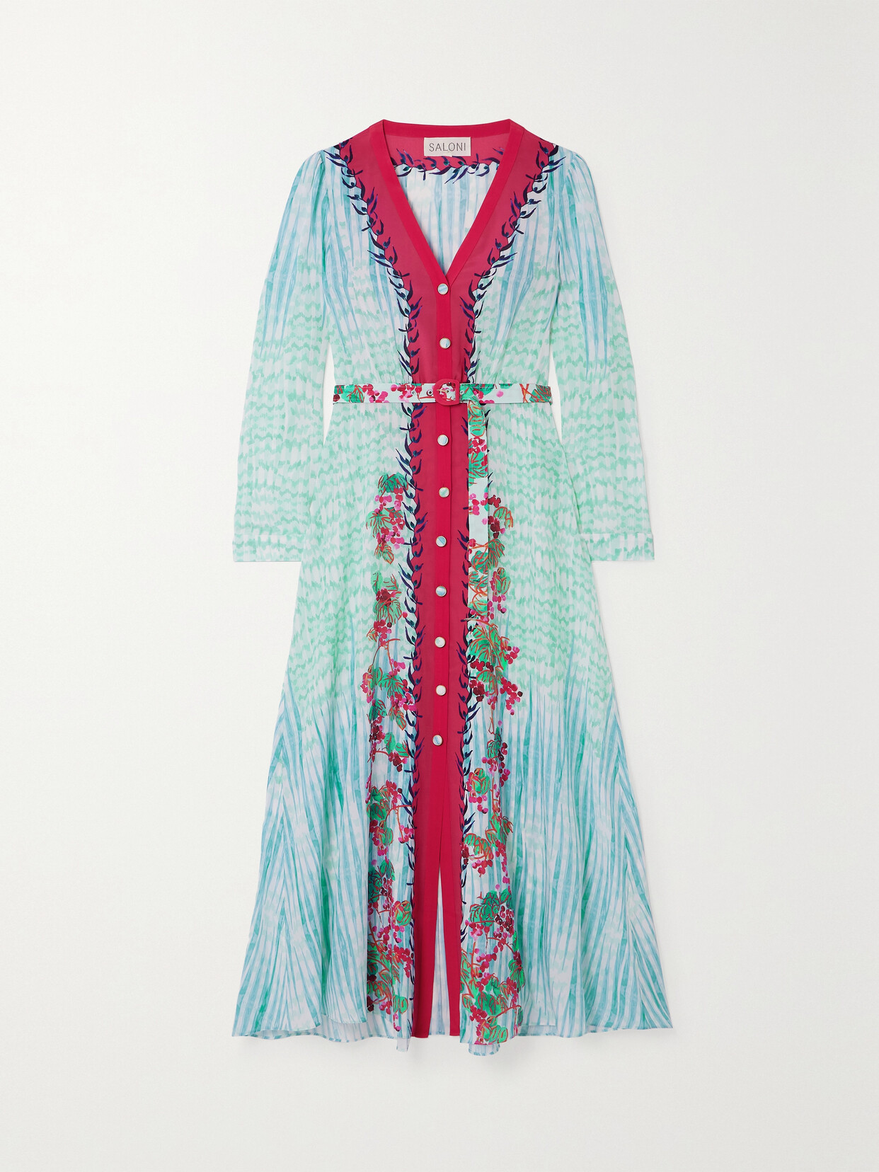 Saloni - Lea Belted Printed Silk-chiffon Shirt Dress - Blue