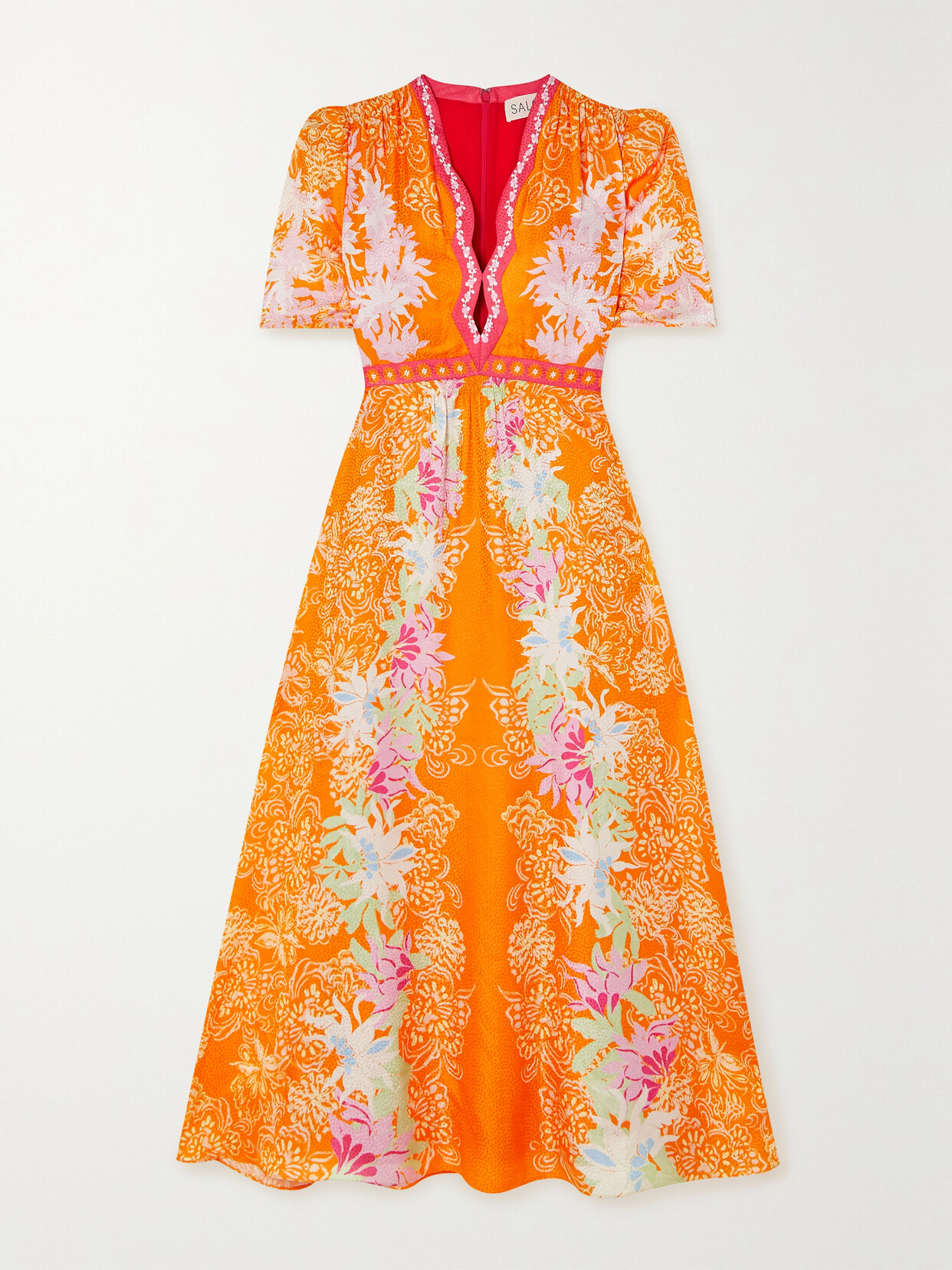 Saloni - Tabitha Floral-print Silk Midi Dress - Orange