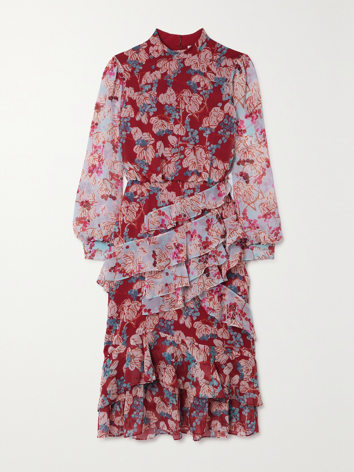 SALONI ISA TIERED RUFFLED FLORAL-PRINT SILK-CHIFFON MIDI DRESS