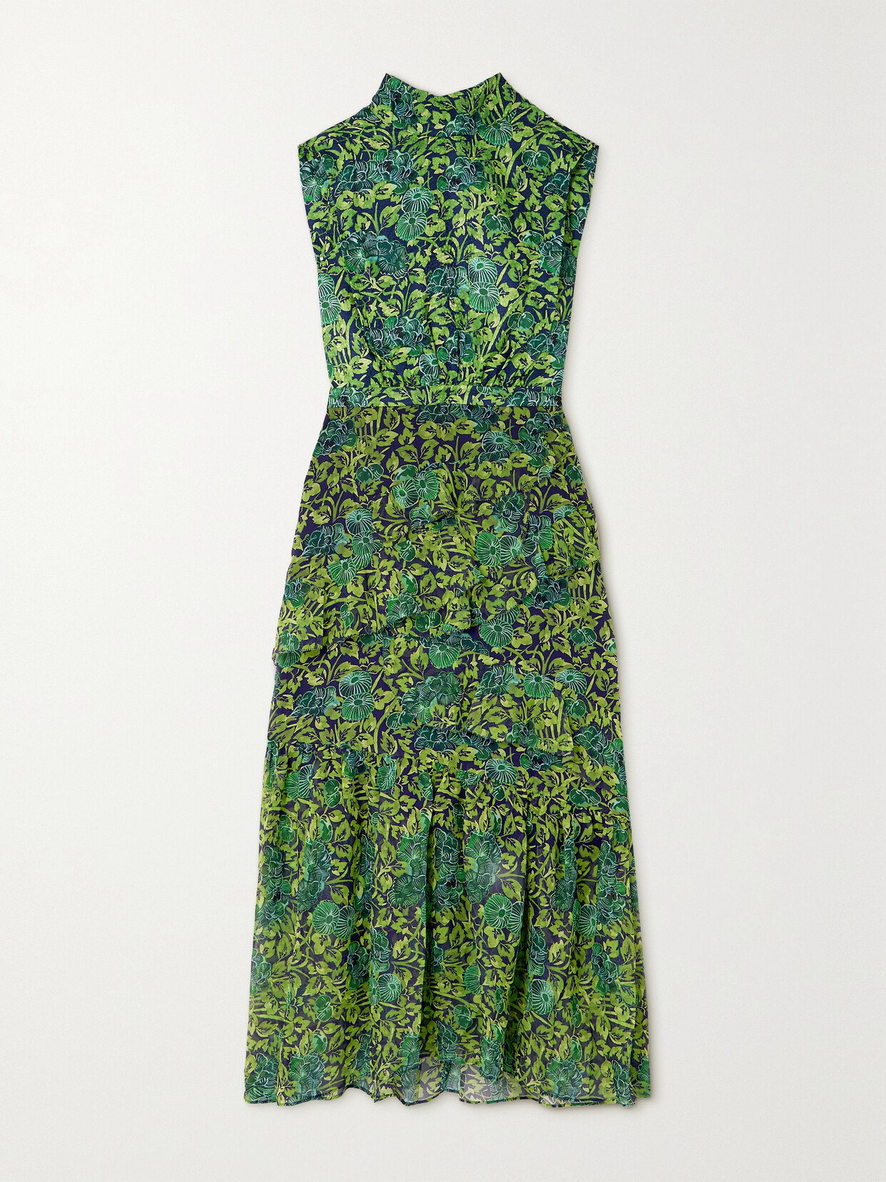 Saloni Fleur Silk Sleeveless Tiered-ruffle Midi Dress In 1943-woodland