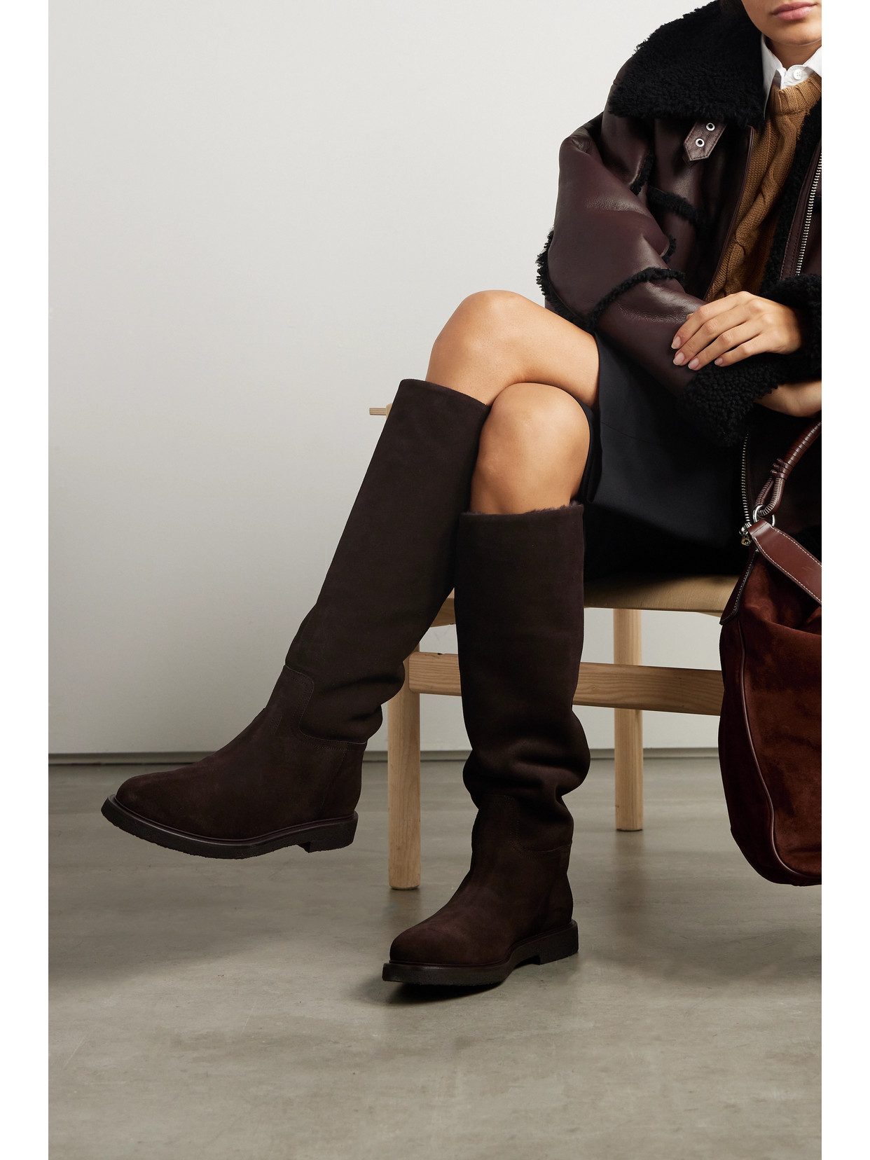 Shop Legres Shearling-lined Suede Knee Boots In Brown