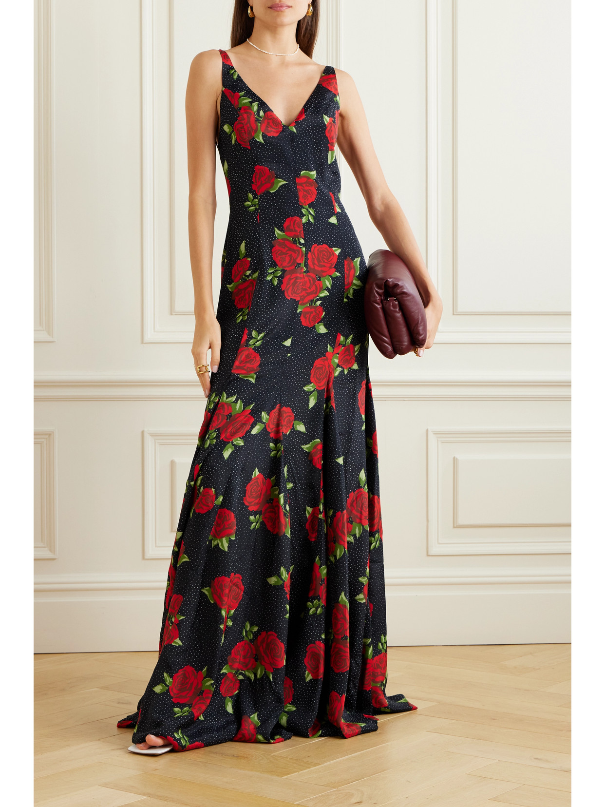 Shop Markarian Marylin Pleated Floral-print Crepe De Chine Gown In Red