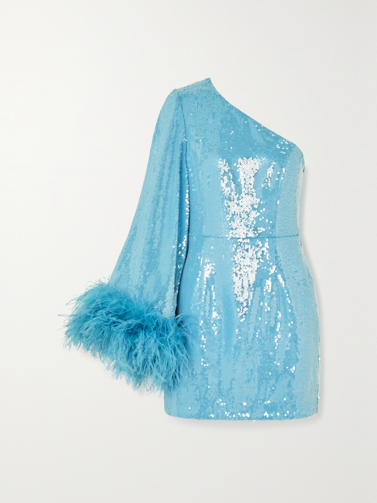 Rebecca Vallance - Nicolette One-shoulder Feather-trimmed Sequined Stretch-crepe Mini Dress - Blue