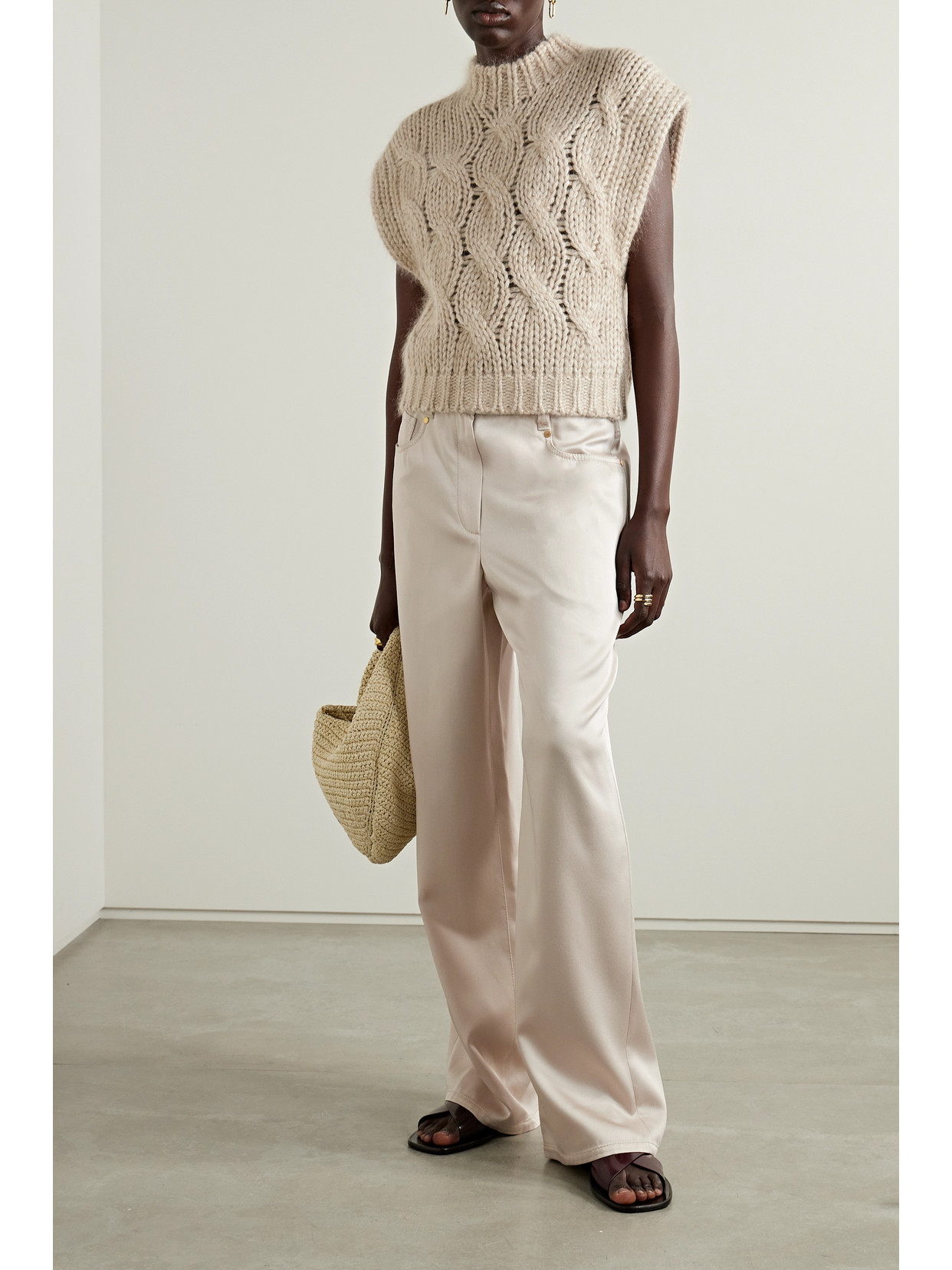Brunello Cucinelli Duchesse-satin Wide-leg Pants In Off-white