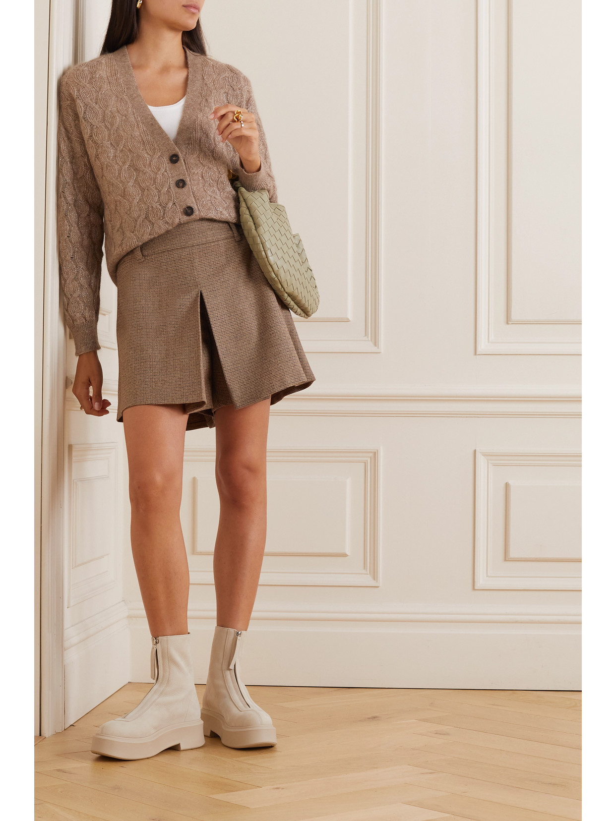 Brunello Cucinelli Bead-embellished Checked Wool-blend Shorts In Brown