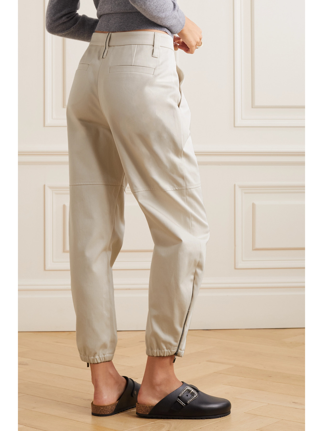 Shop Brunello Cucinelli Cropped Bead-embellished Denim Tapered Pants In Off-white