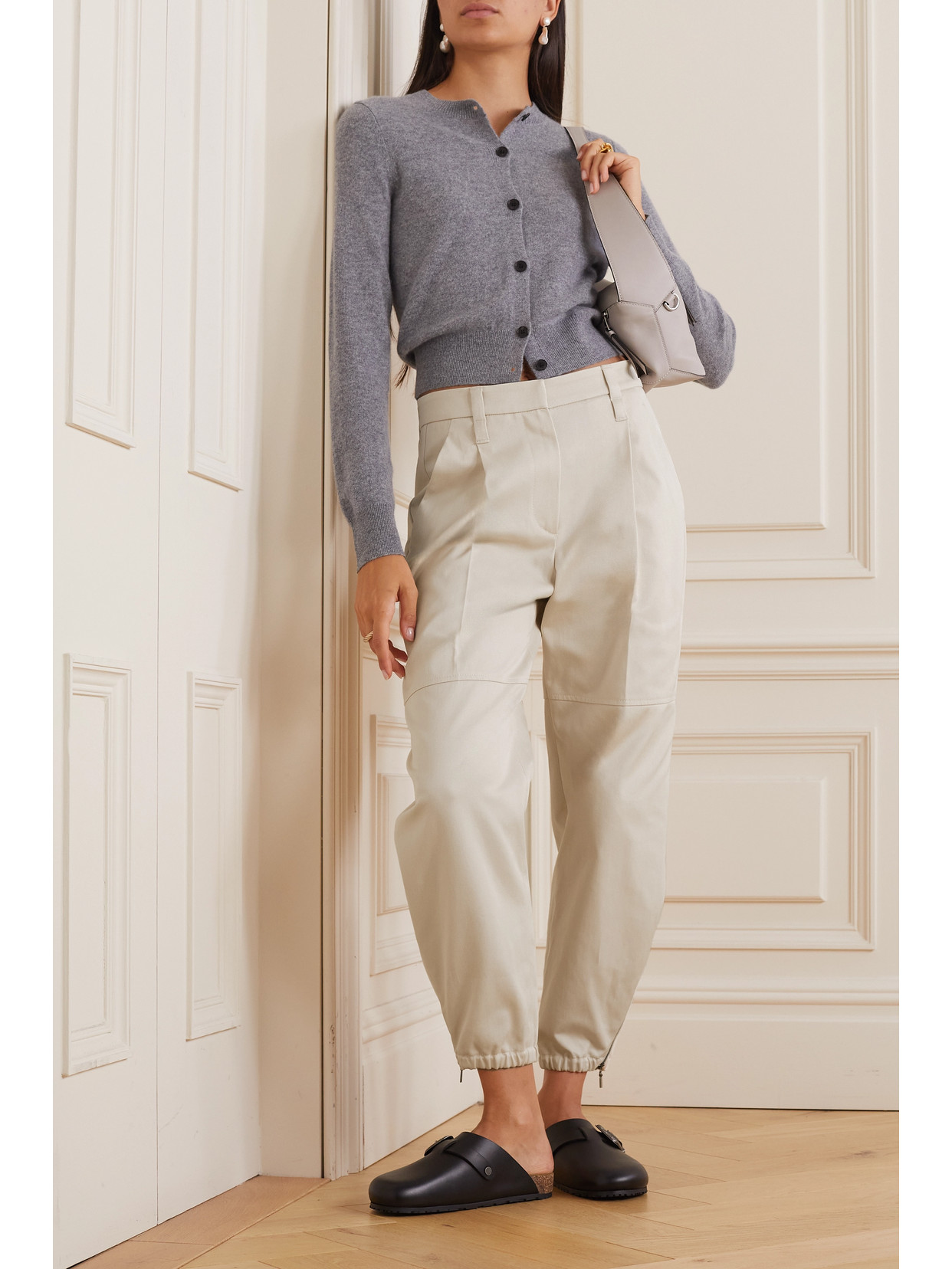 Shop Brunello Cucinelli Cropped Bead-embellished Denim Tapered Pants In Off-white