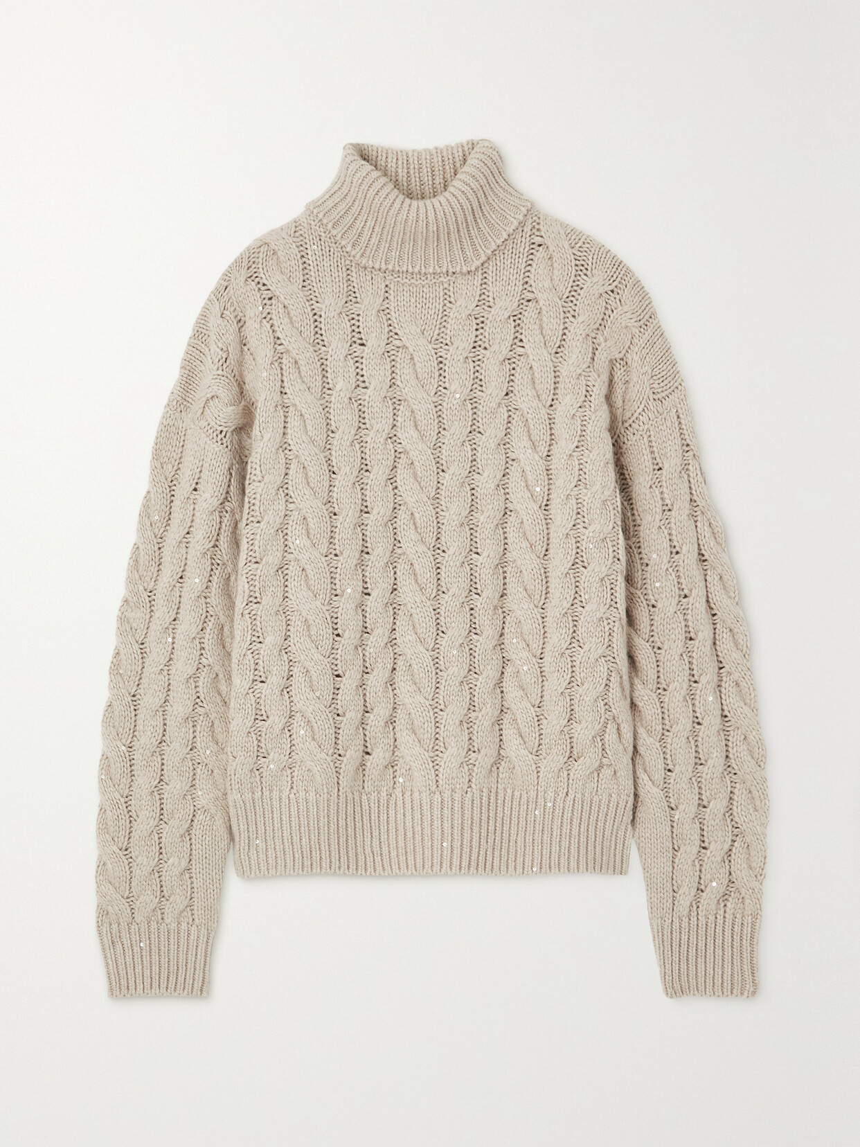 Shop Brunello Cucinelli Sequin-embellished Cable-knit Cashmere Turtleneck Sweater In Neutrals