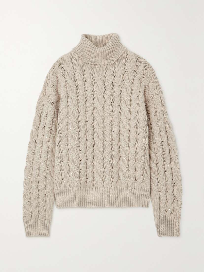 Brunello Cucinelli Sequin-embellished Cable-knit Cashmere Turtleneck Sweater