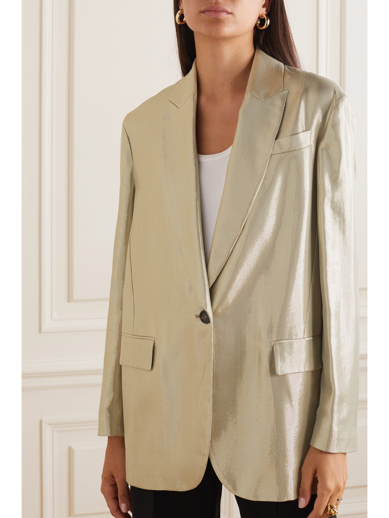 Brunello Cucinelli Metallic-linen One-button Blazer Jacket, Beige In Gold