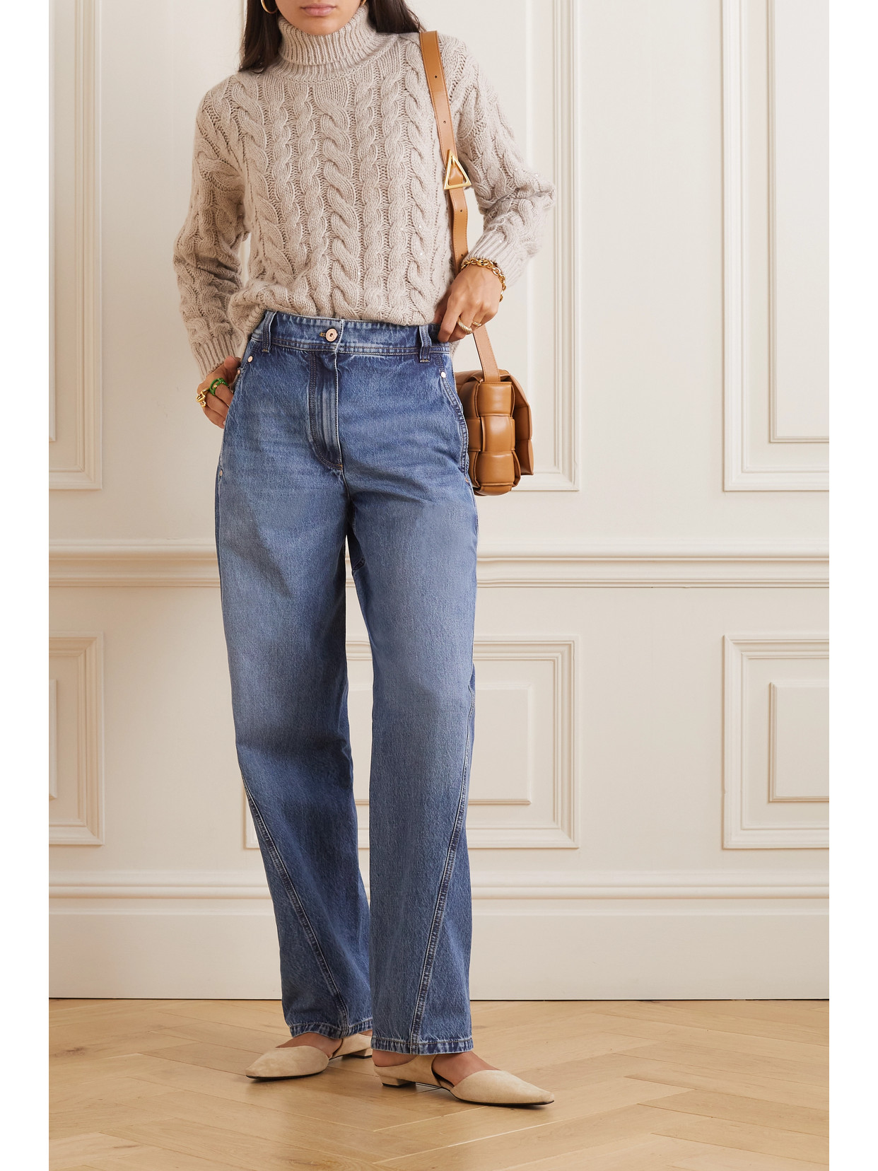 Brunello Cucinelli Two-tone High-rise Wide-leg Jeans In Blue