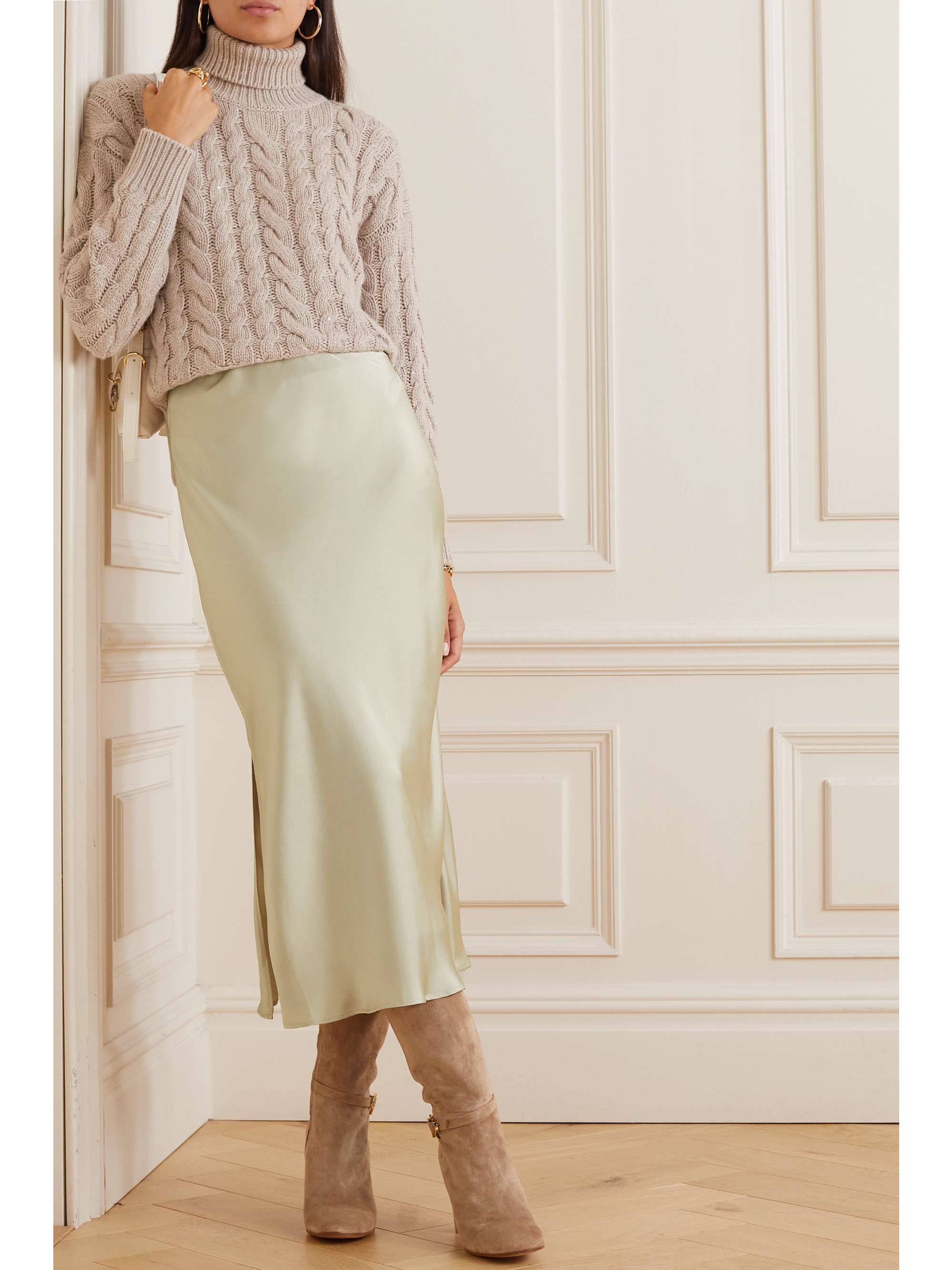 BRUNELLO CUCINELLI Satin midi skirt | NET-A-PORTER