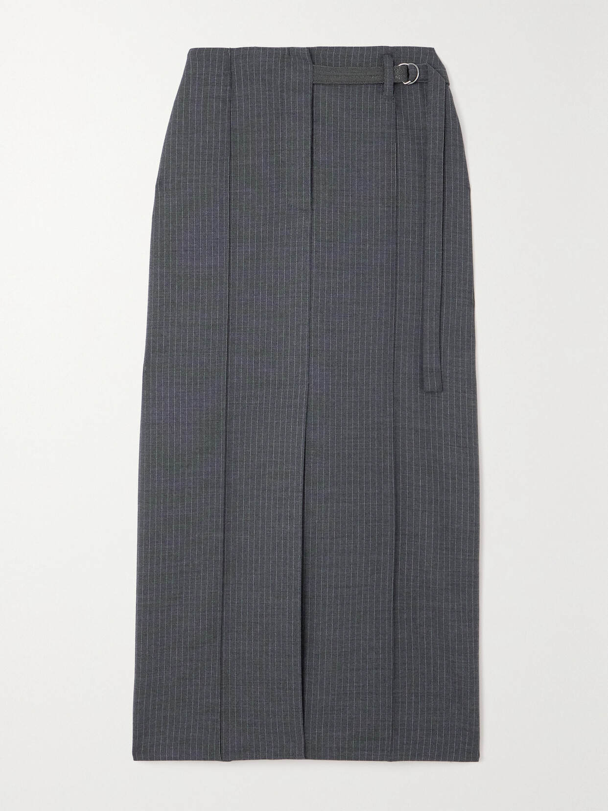 Brunello Cucinelli Belted Bead-embellished Pinstriped Wool-blend Midi Skirt In Gray