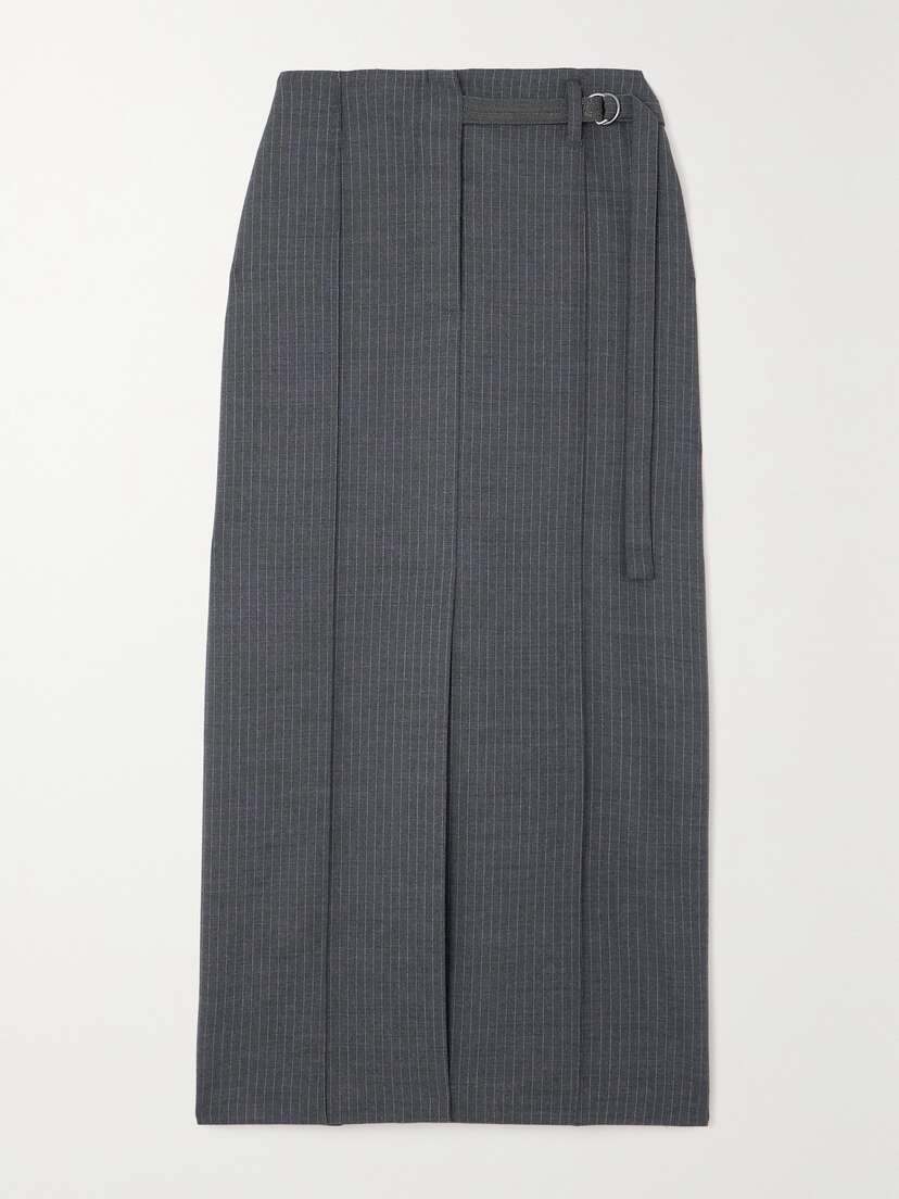 Brunello Cucinelli Belted Bead-embellished Pinstriped Wool-blend Midi Skirt
