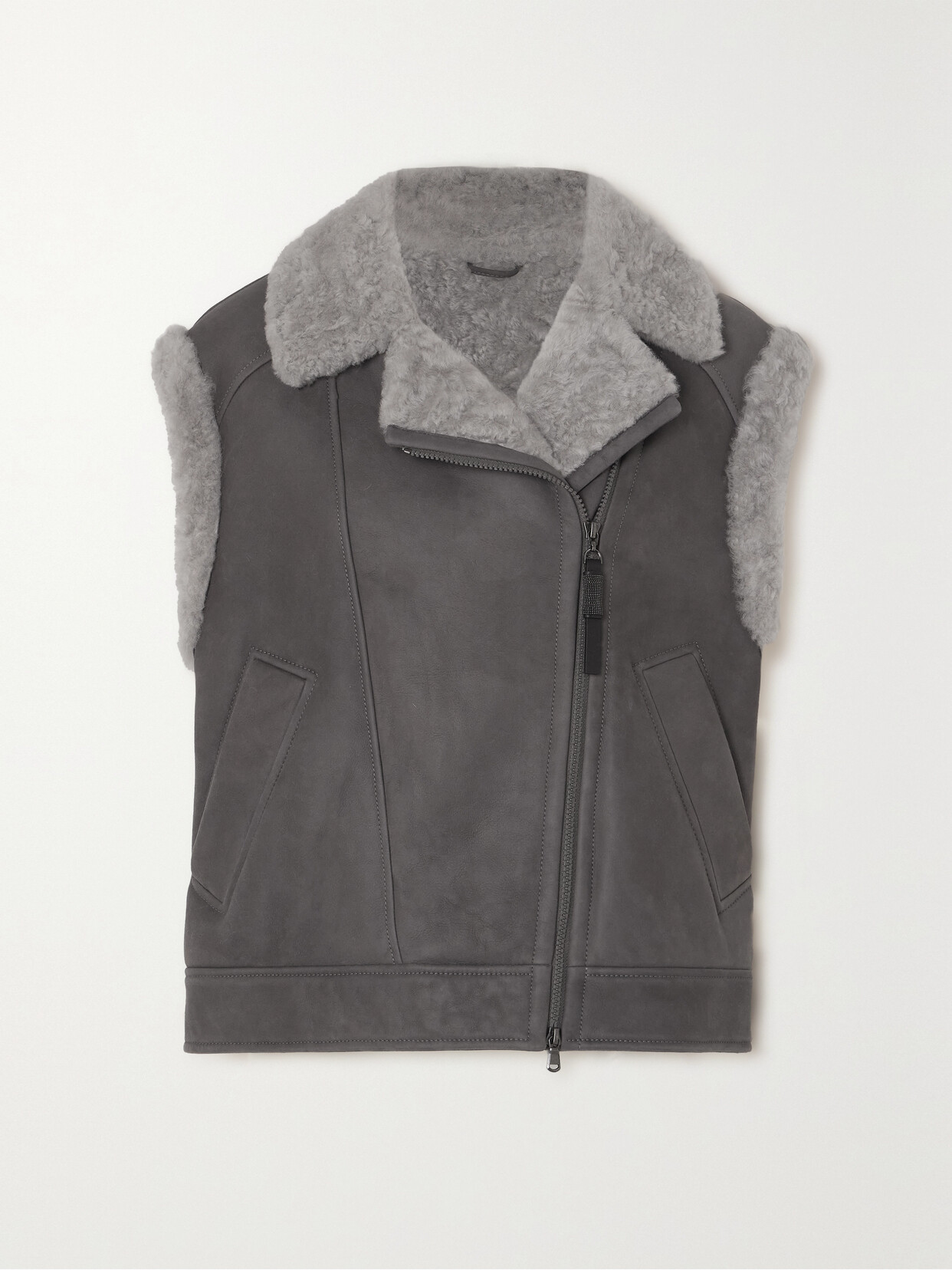 Brunello Cucinelli Suede Moto Vest With Soft Shearling Lining In Grey