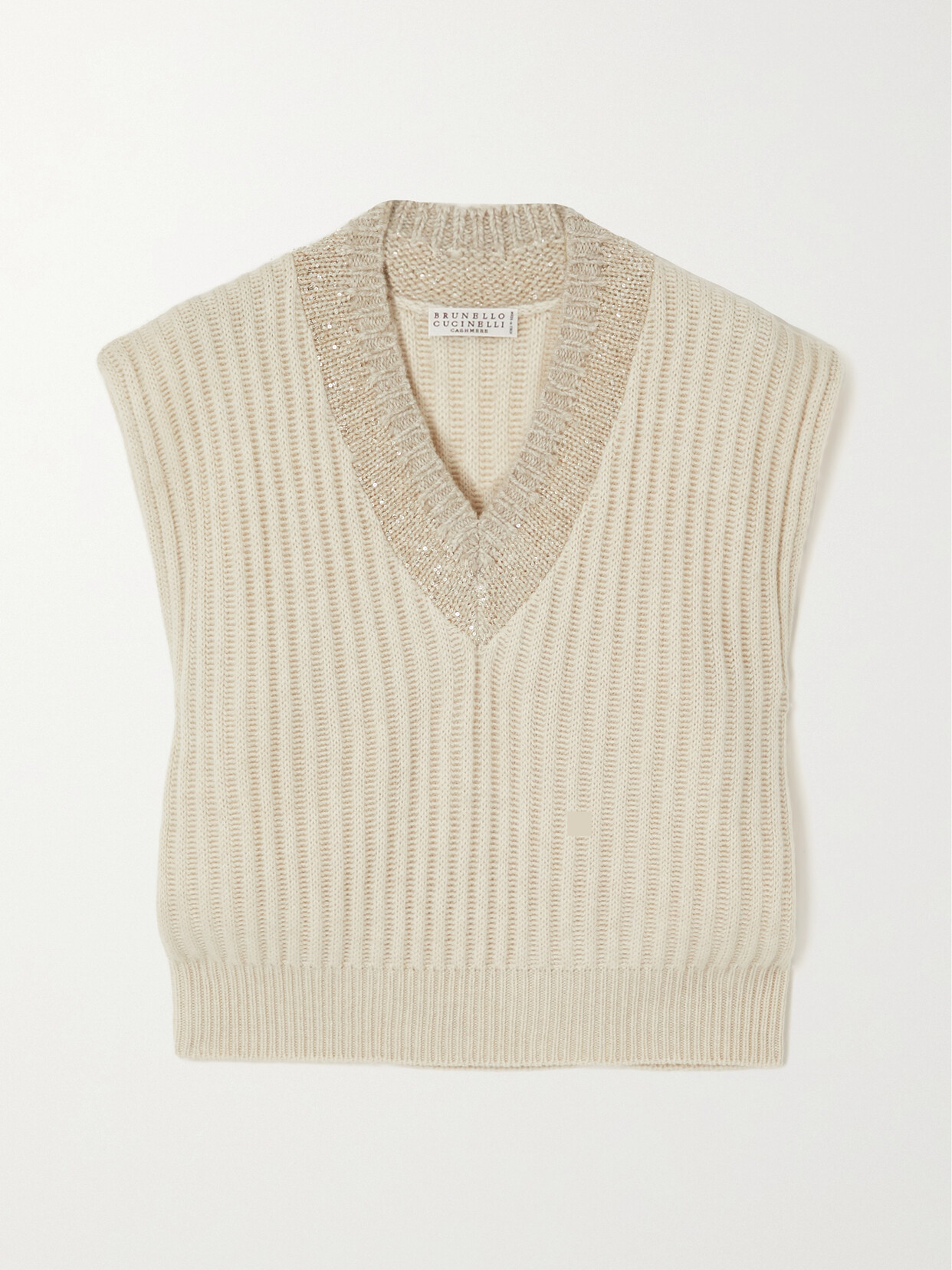 Brunello Cucinelli Ribbed Cashmere Waistcoat With Dazzling Neckline In Neutrals