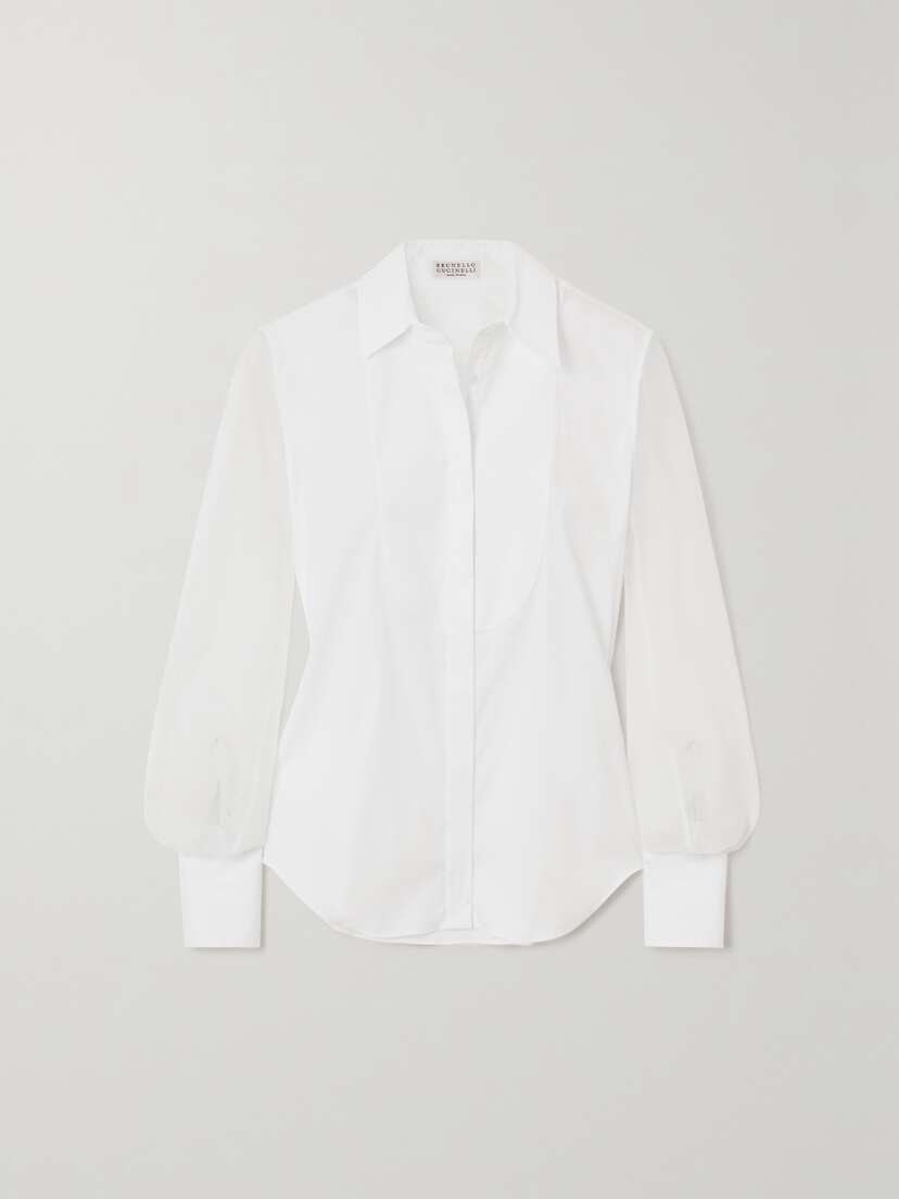 Brunello Cucinelli Cotton-blend Poplin And Bead-embellished Organza Blouse -  - x large