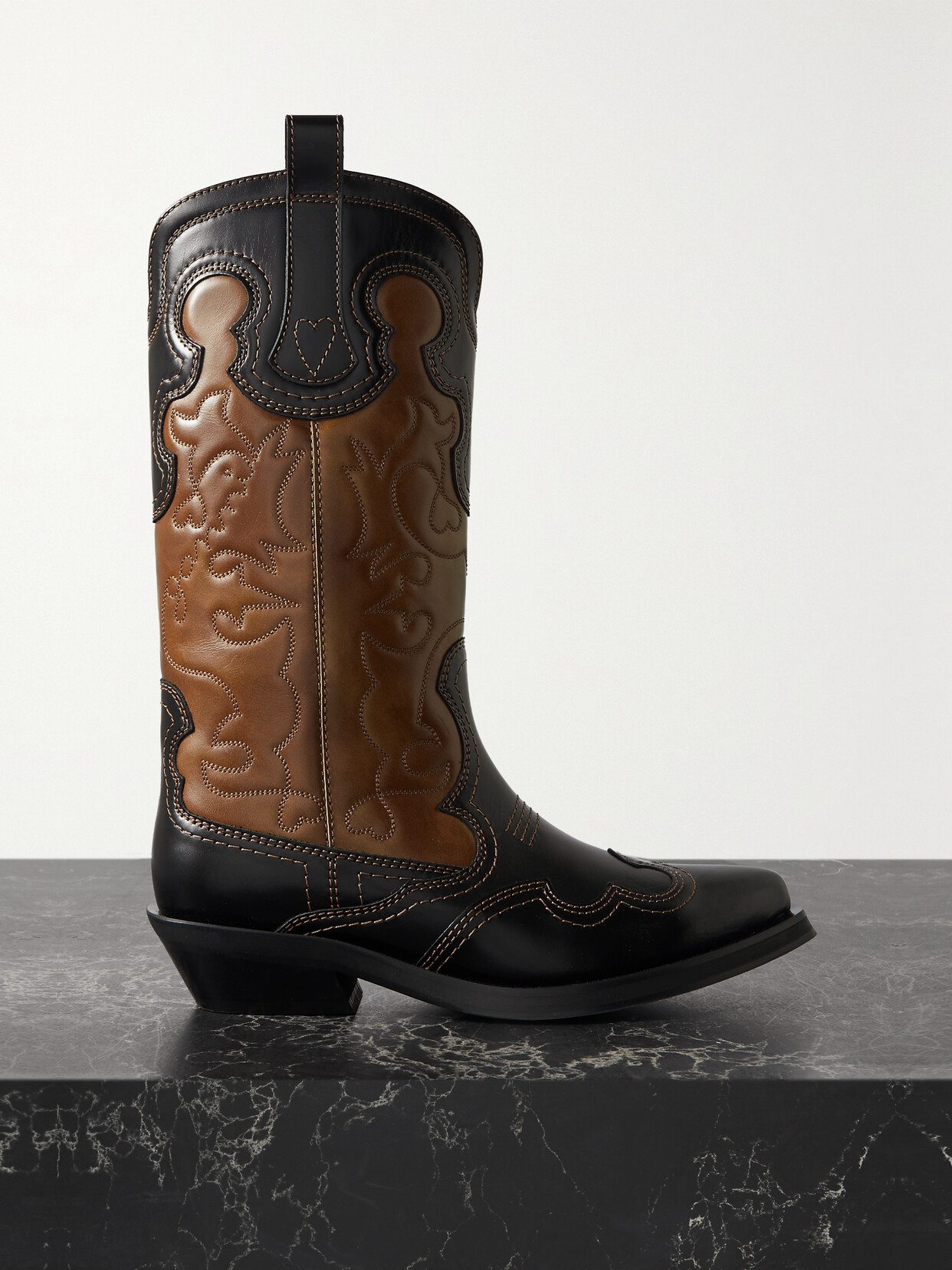 GANNI - Embroidered Two-tone Leather Cowboy Boots - Brown