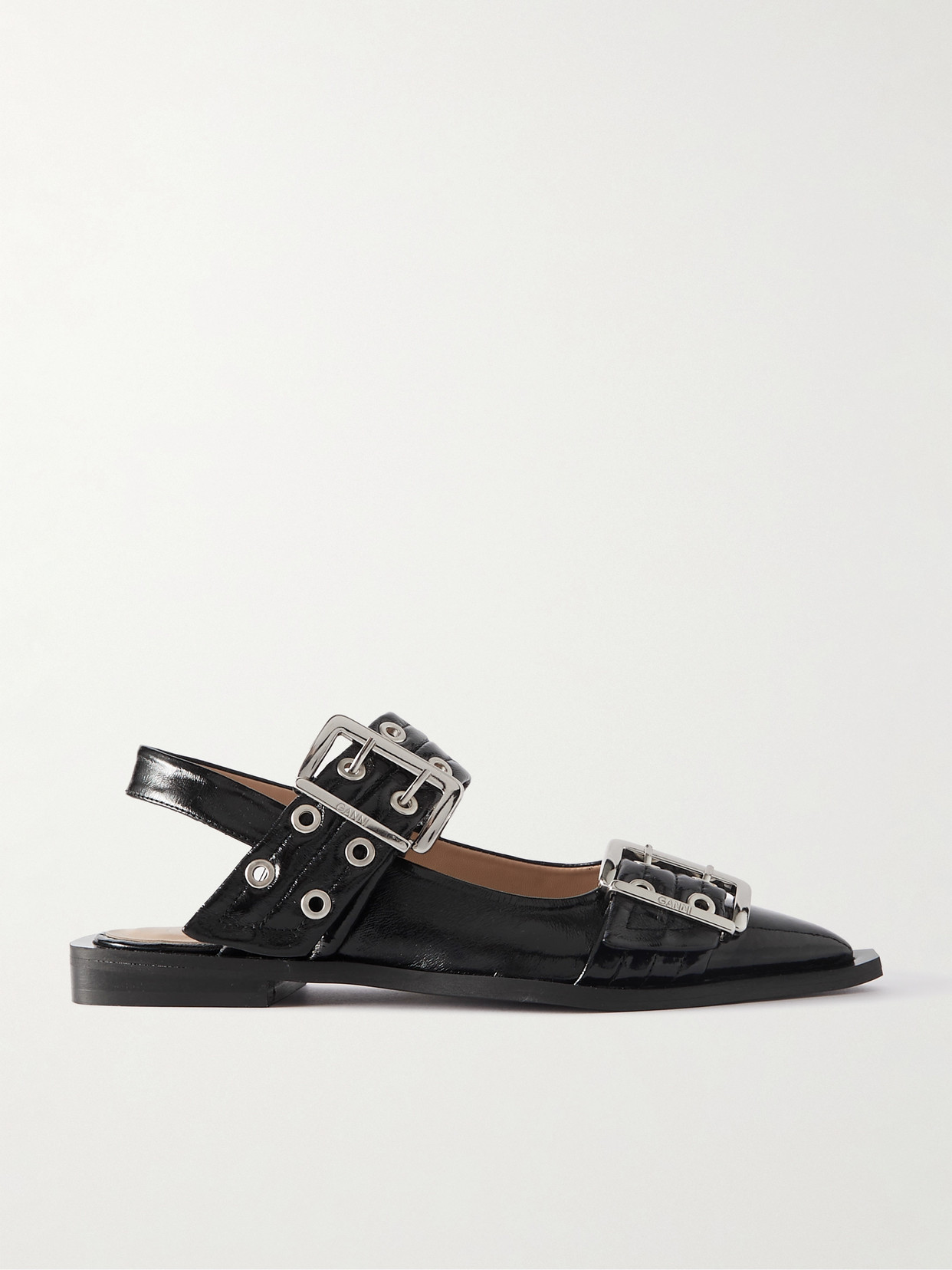 Shop Ganni + Net Sustain Buckled Eyelet-embellished Recycled Faux Patent-leather Ballet Flats In Black