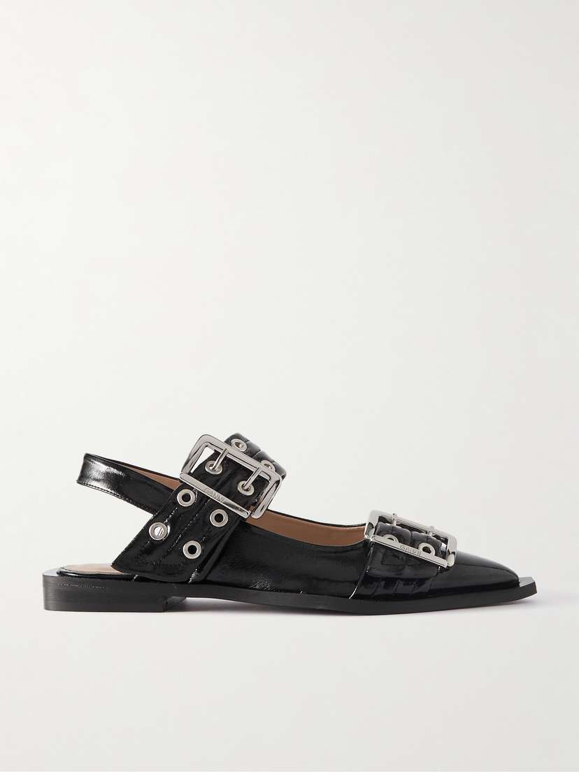 Ganni + Net Sustain Buckled Eyelet-embellished Recycled Faux Patent-leather Ballet Flats