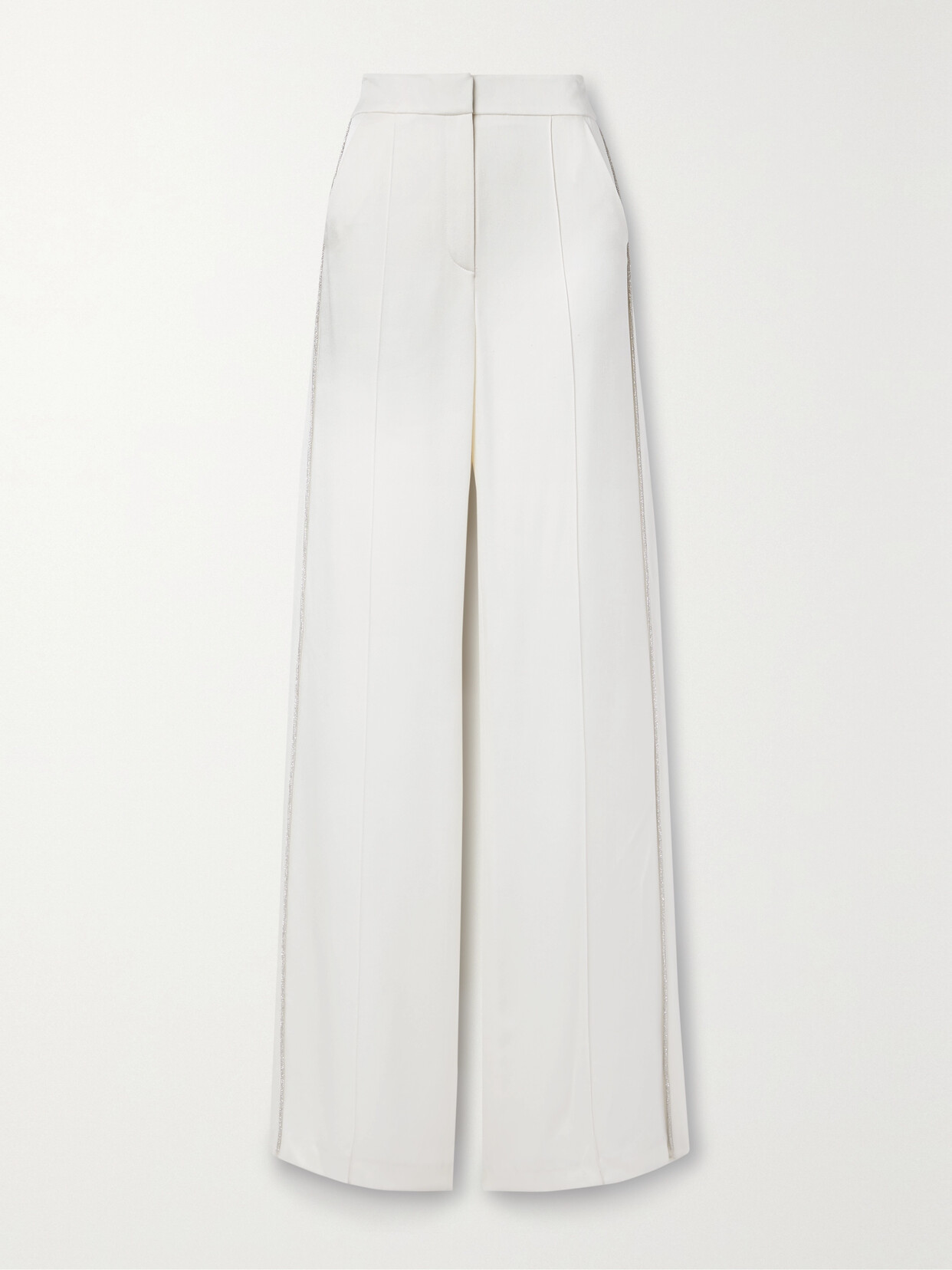 Shop Veronica Beard Millicent Crystal-embellished Satin-crepe Straight-leg Pants In White