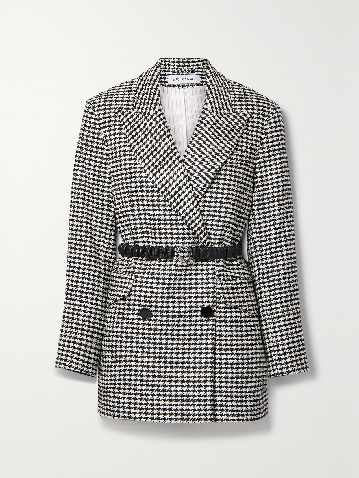 Shop Veronica Beard Hutchinson Belted Houndstooth Woven Blazer In Black