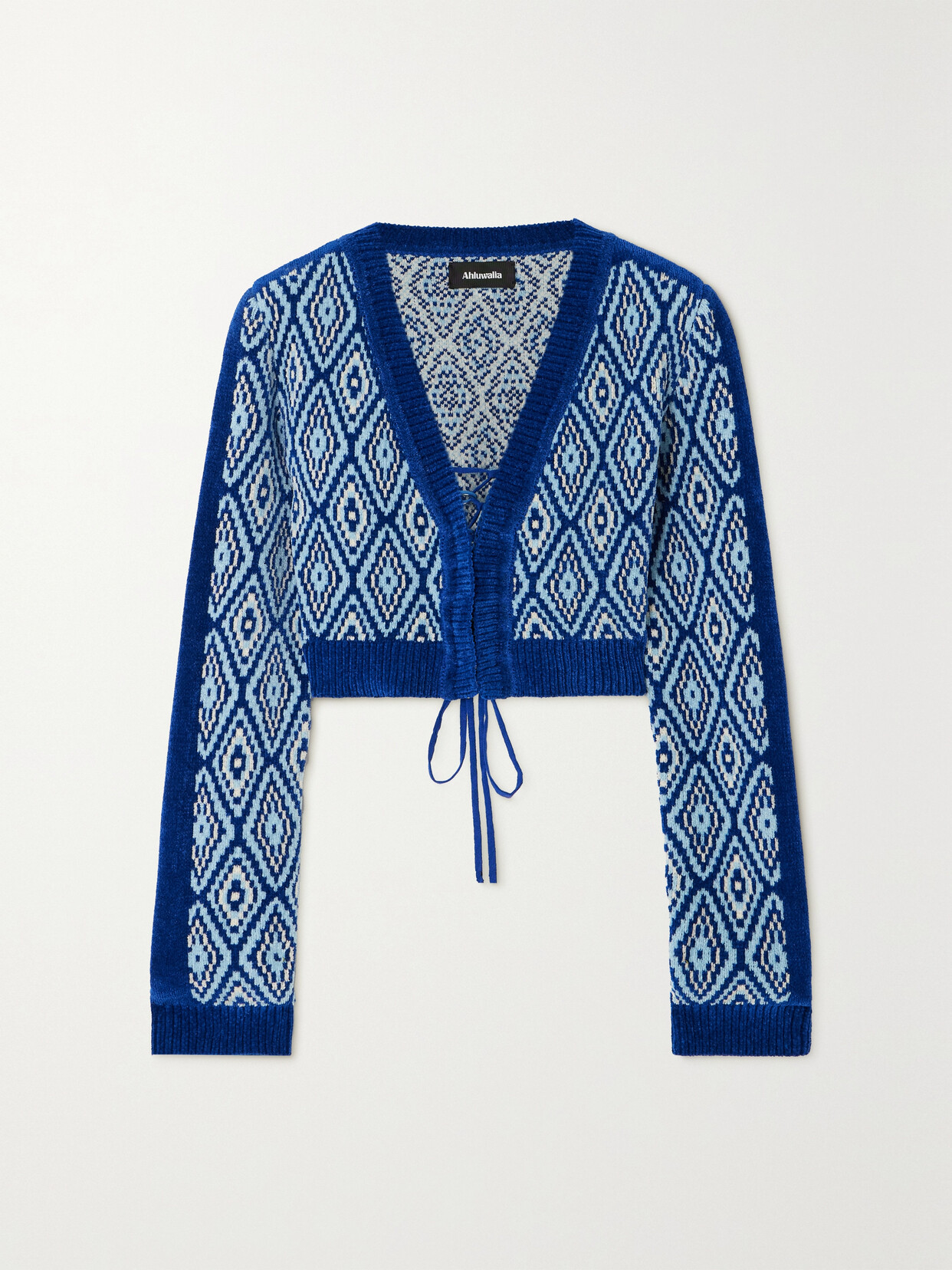 Ahluwalia Vixen Cropped Jacquard-knit Cardigan In Blue