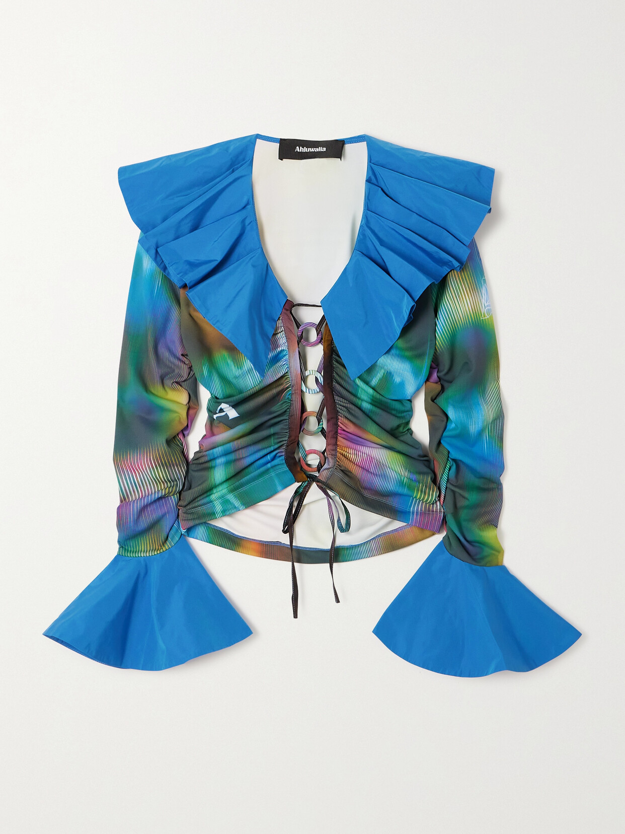 Ahluwalia Rosie Ruffled Taffeta-trimmed Printed Stretch-jersey Blouse In Blue