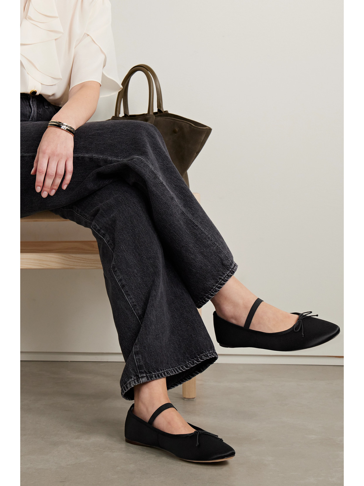 Loeffler Randall + Net Sustain Leonie Grosgrain-trimmed Satin Ballet Flats In Black