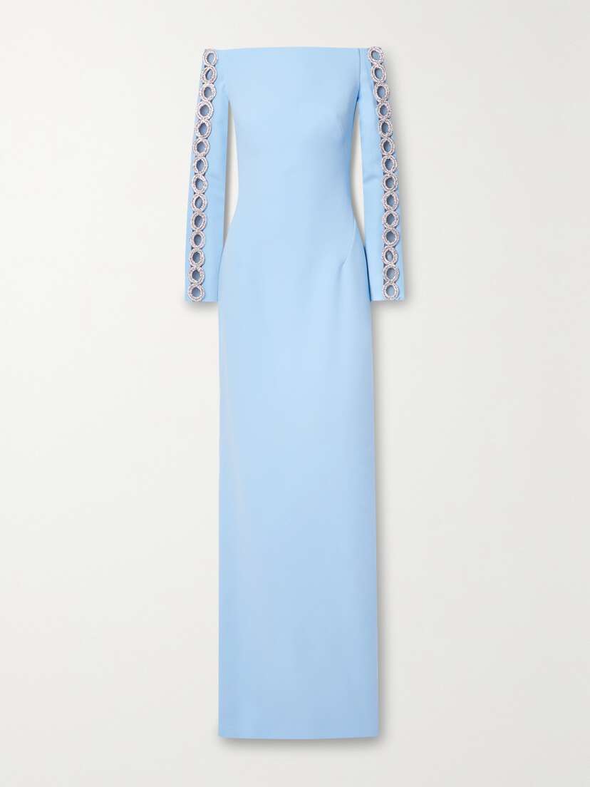 Safiyaa Maimie Off-the-shoulder Crystal-embellished Stretch-crepe Gown