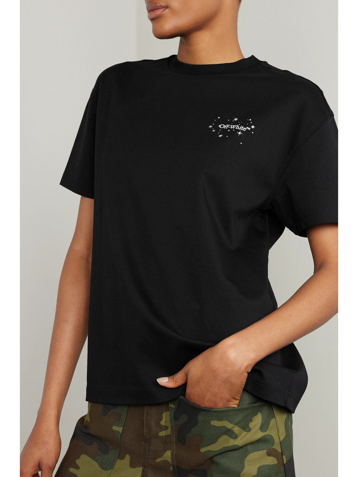 Shop Off-white Crystal-embellished Printed Cotton-jersey T-shirt In Black