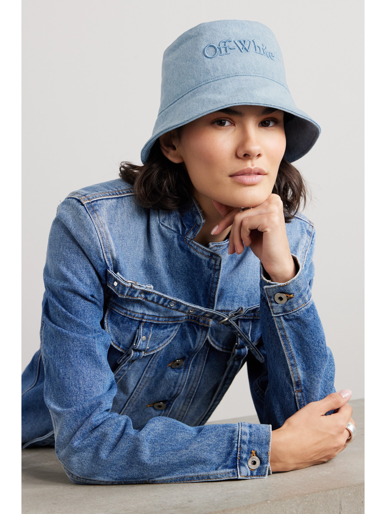 Shop Off-white Logo-embroidered Denim Bucket Hat In Blue