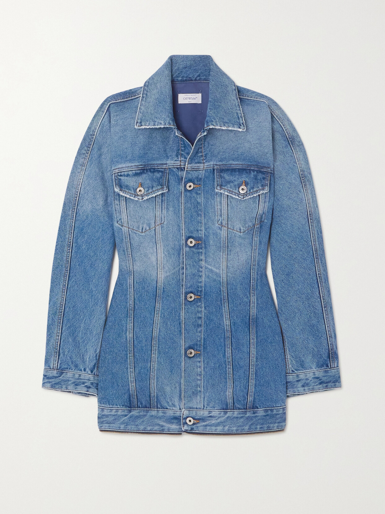 Off-white Appliquéd Zip-detailed Denim Mini Dress In Blue