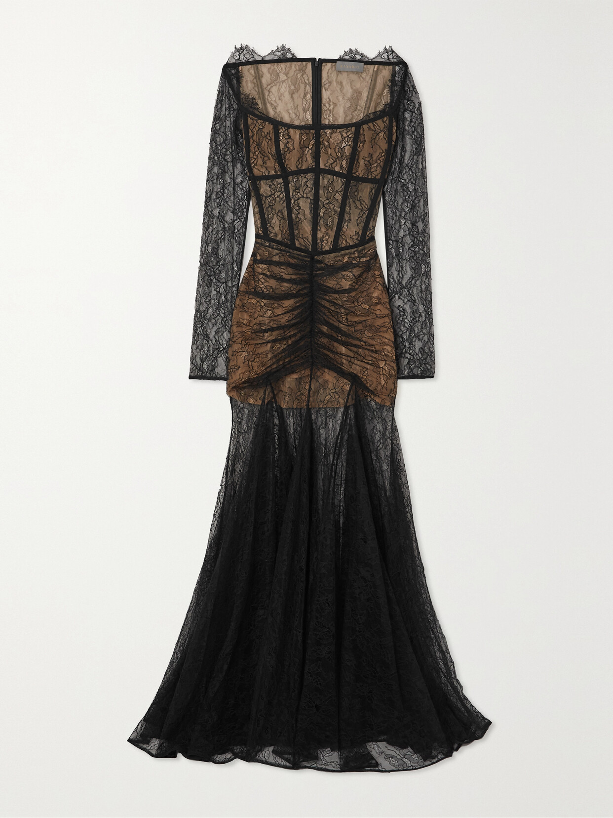 RASARIO GATHERED DRAPED LACE GOWN