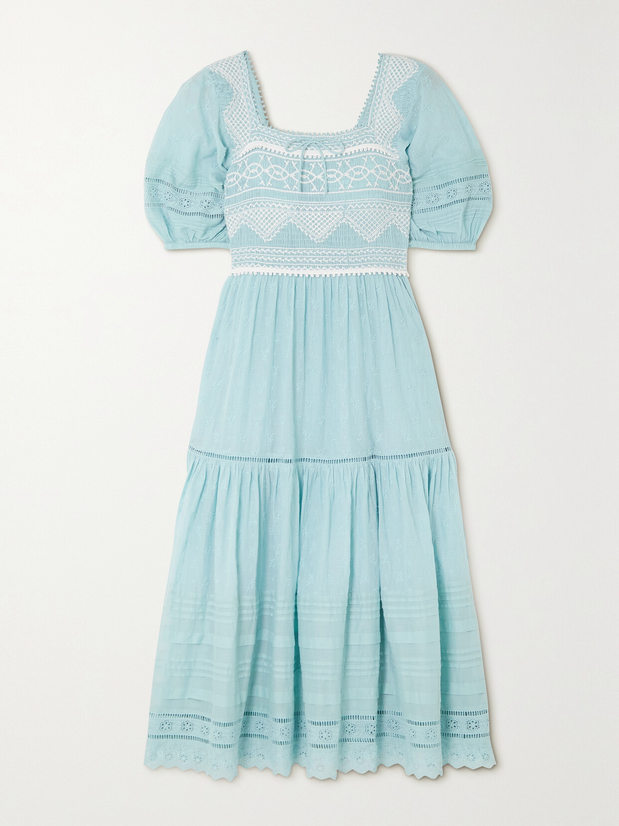 Sea - Olga Smocked Embroidered Broderie Anglaise Cotton Midi Dress - Blue